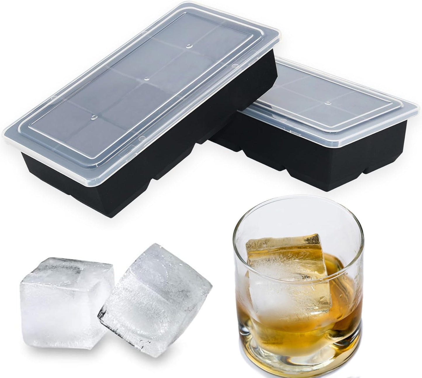 Bangp Large Ice Cube Tray for Whiskey,2 Pack Stackable Big Ice Cube Molds Make 16 Big Whiskey Ice Cubes,Easy Release Square Ice Cube Maker for Cocktails,Whiskey,Soups and Frozen Treats