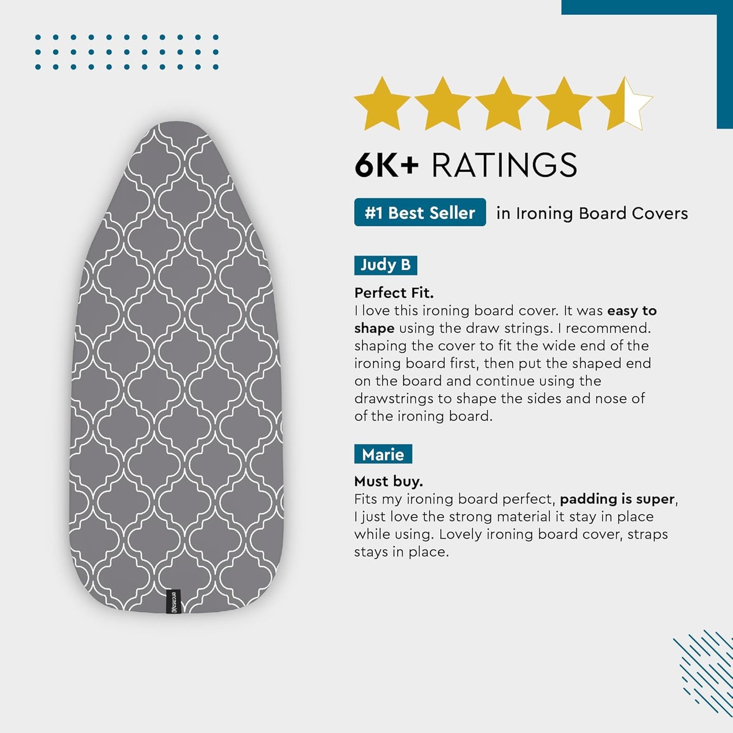 Encasa XO Ironing Board Cover and Pad 57"x22" - Thick 3mm Felt Padding, Drawstring Tightening & Lock, Easy Fit, Scorch & Stain Resistant, Fits X-Large Ironing Board - Daisy Blue