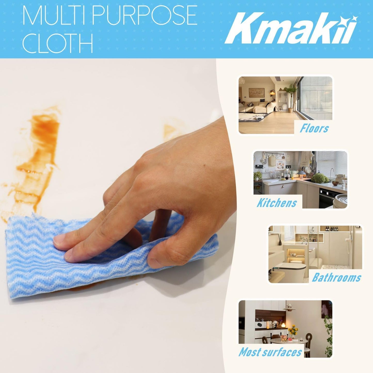 KMAKII Handi Wipe Reusable Cloths - Multi-Purpose Disposable Dish Cloths and Towels, Ultra Absorbent, Fast-Dry, Durable Cleaning Wipes for Kitchen and Home, Blue, 11.8 x 21 inches, Pack of 80