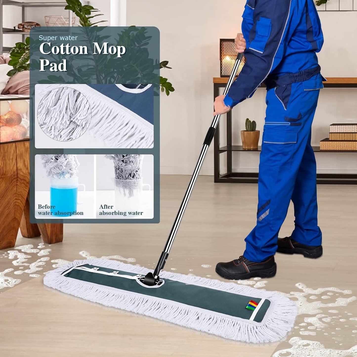 42" Commercial Dust Mop,Masthome Heavy Duty Industrial Mop with 1 Cotton & 1 Microfiber Pad,Dust Mops for Floor Cleaning,Wet & Dry Use Commercial Mop for Hardwood Floors,Tiles,Marble Floors