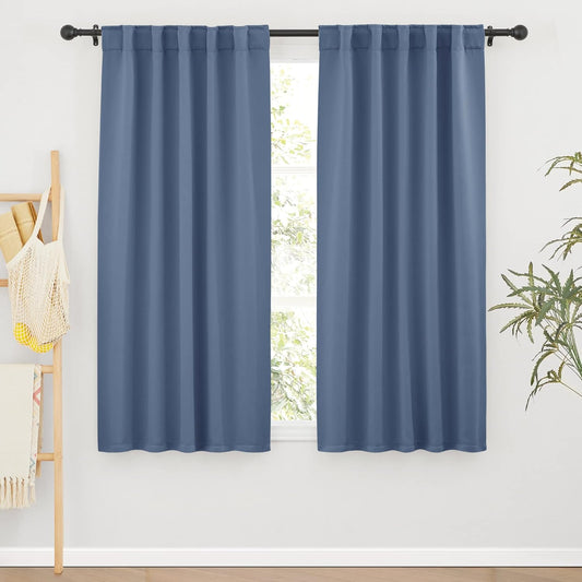 RYB HOME Privacy Window Curtain 63 inches 2 Panels Set, Solid Room Darkening Curtains & Drapes Energy Saving Privacy Farmhouse Decor for Bedroom Bathroom Kitchen, Stone Blue, W42 x L63 inch