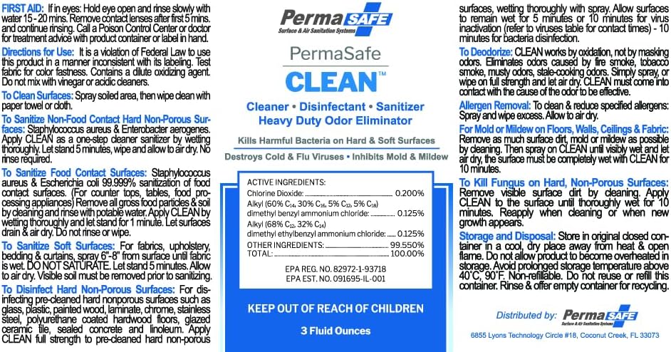 PermaSafe CLEAN, All-Purpose Hospital Disinfectant Cleaner; No Rinse, Hard, Soft & Food Contact Surface Sanitizer; Mold, Mildew and Fungi Killer; Odor Eliminator; Allergen Remover & More-3 Fl Oz-2 Pk