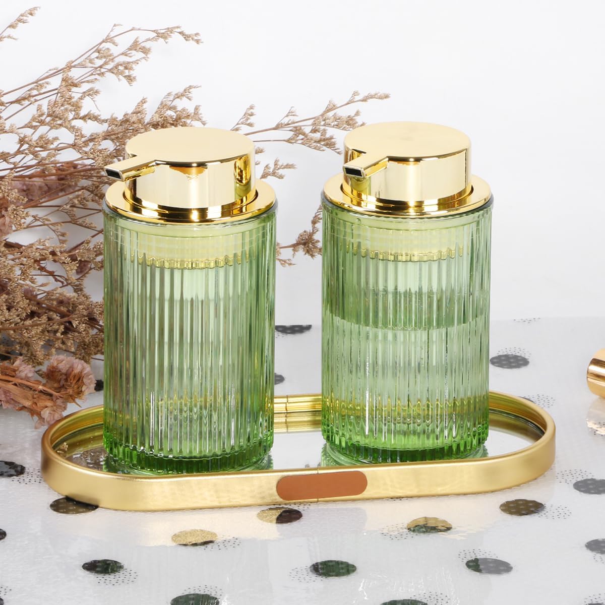 Green Foaming Soap Dispenser, 12 Oz Glass Foaming Hand Soap Dispenser with Gold Pump, Bathroom Refillable Liquid Lotion Container Pump Ribbed Bottle for Kitchen Bathroom Decor, 2pc