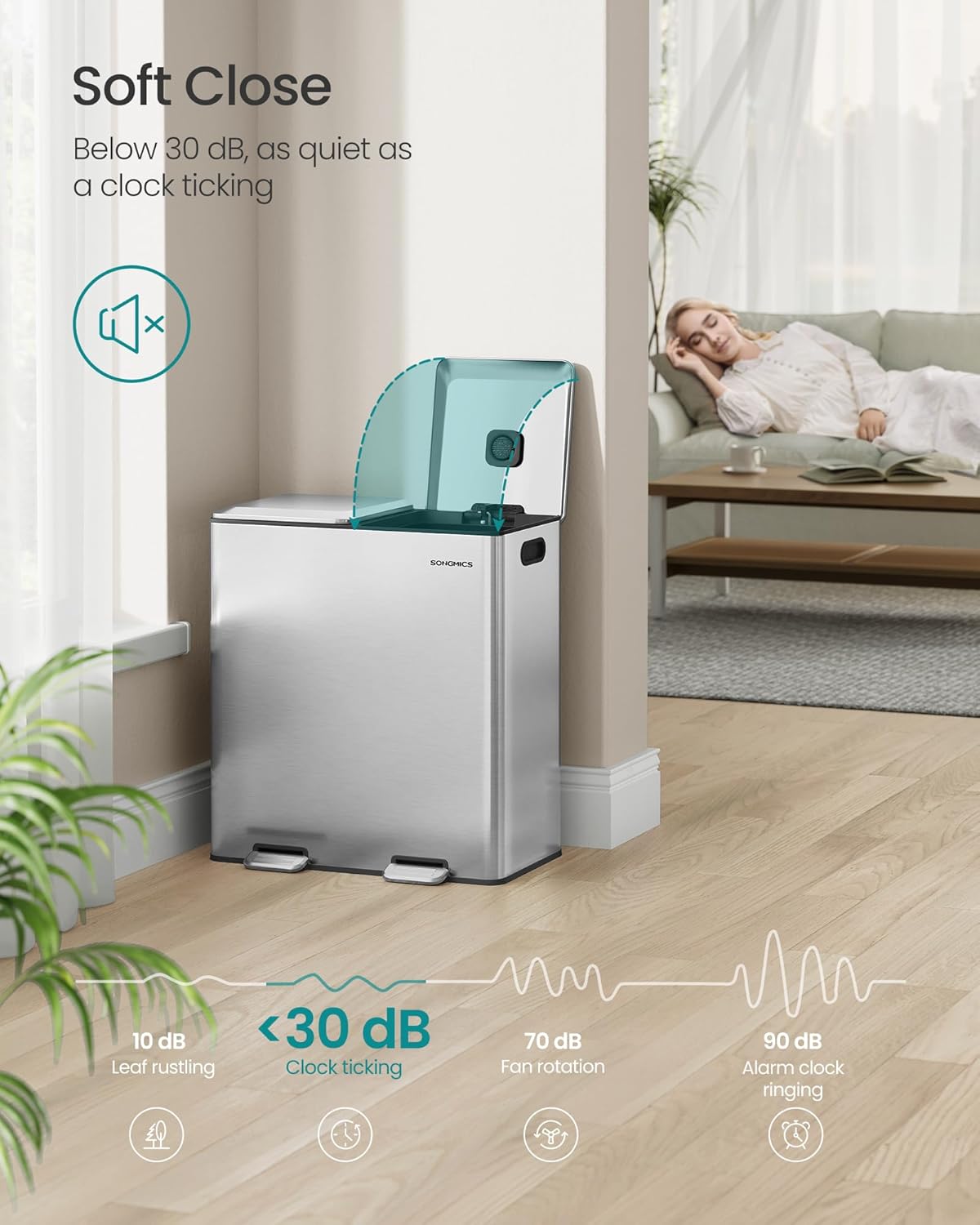 SONGMICS Trash Can, 2 x 8 Gallon (2 x 30 L) Double Garbage Can with Soft-Close Lids, Removable Inner Buckets, Pedals, Stainless Steel, for Waste and Recycling, Metallic Silver ULTB743E01