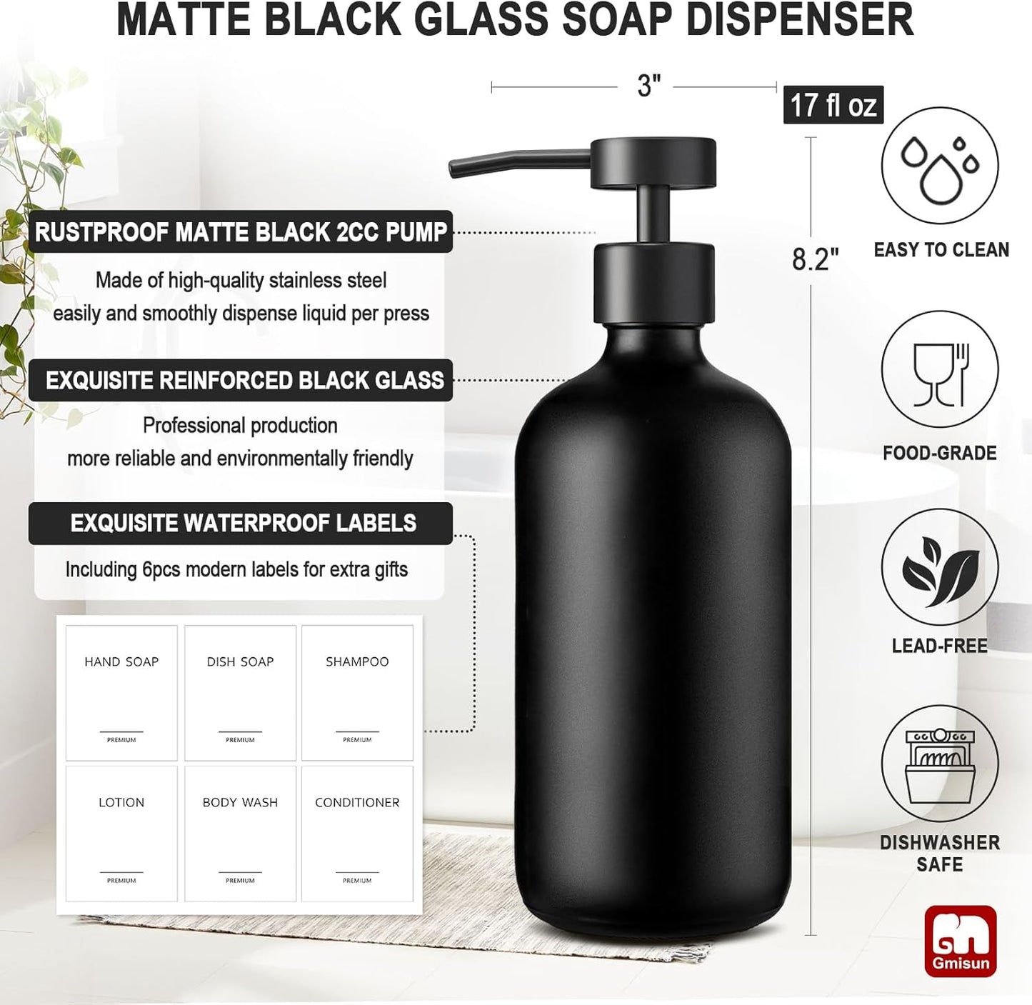 GMISUN Black Soap Dispenser, 2 Pack Matte Black Hand Soap Dispensers for Bathroom, 17 Fl Oz Glass Dish Soap Dispenser for Kitchen with Stainless Steel Pump, Modern Liquid Soap Bottle Set
