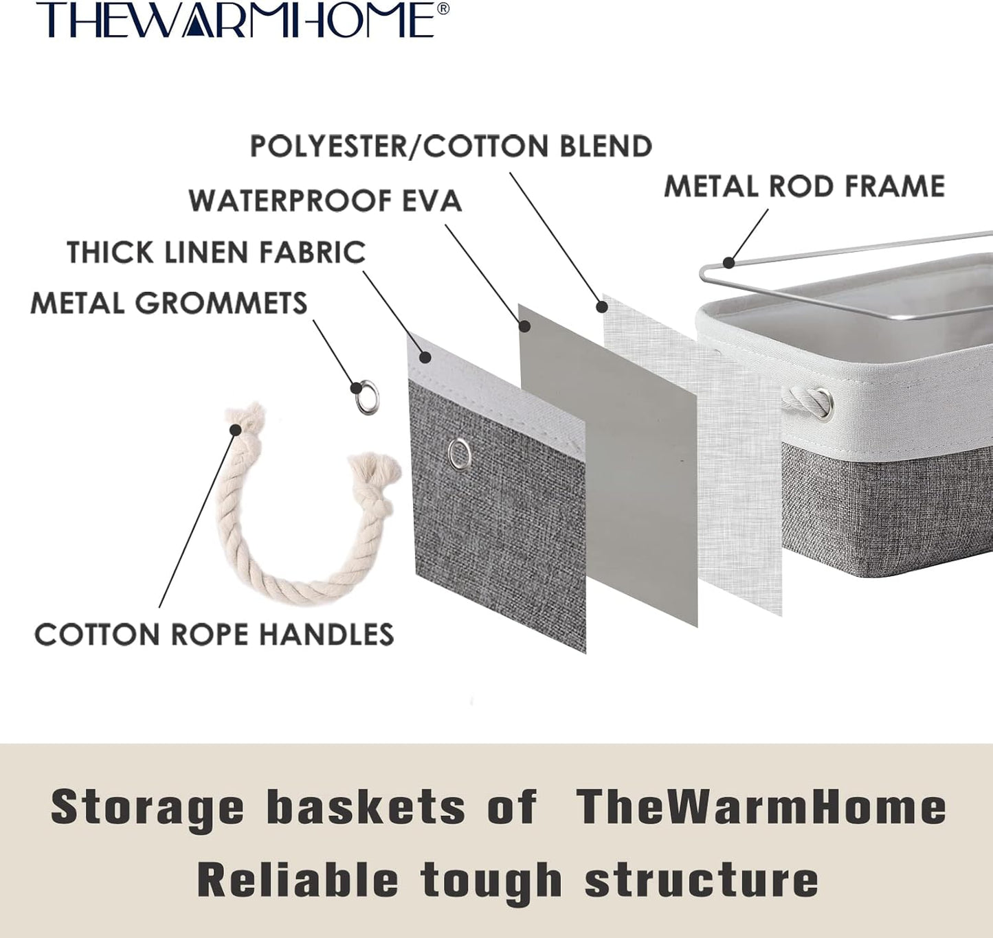 TheWarmHome Small Storage Baskets for Organizing,Storage Baskets for Shelves,Small Fabric Storage Bins W/Handles For Closet Nursery Toy Decorative Foldable (White&Grey, 11.8L*7.9W*5.2H-6 Pack)