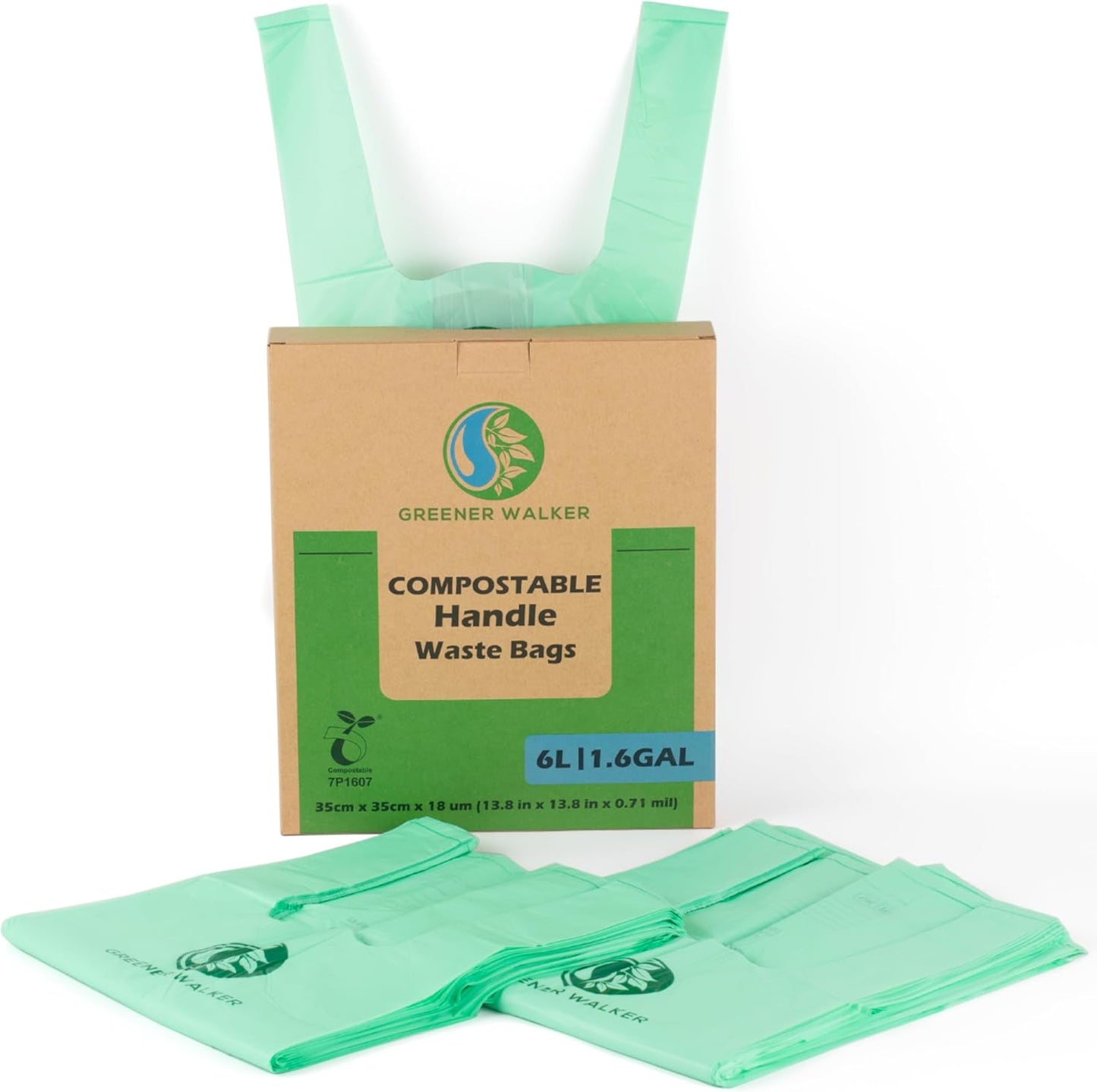 GREENER WALKER 100% Compostable Trash Bags with Tie Handles, 1.6 Gallon-150Bags, Food Scrap Kitchen Waste Bags with EN13432 Certified