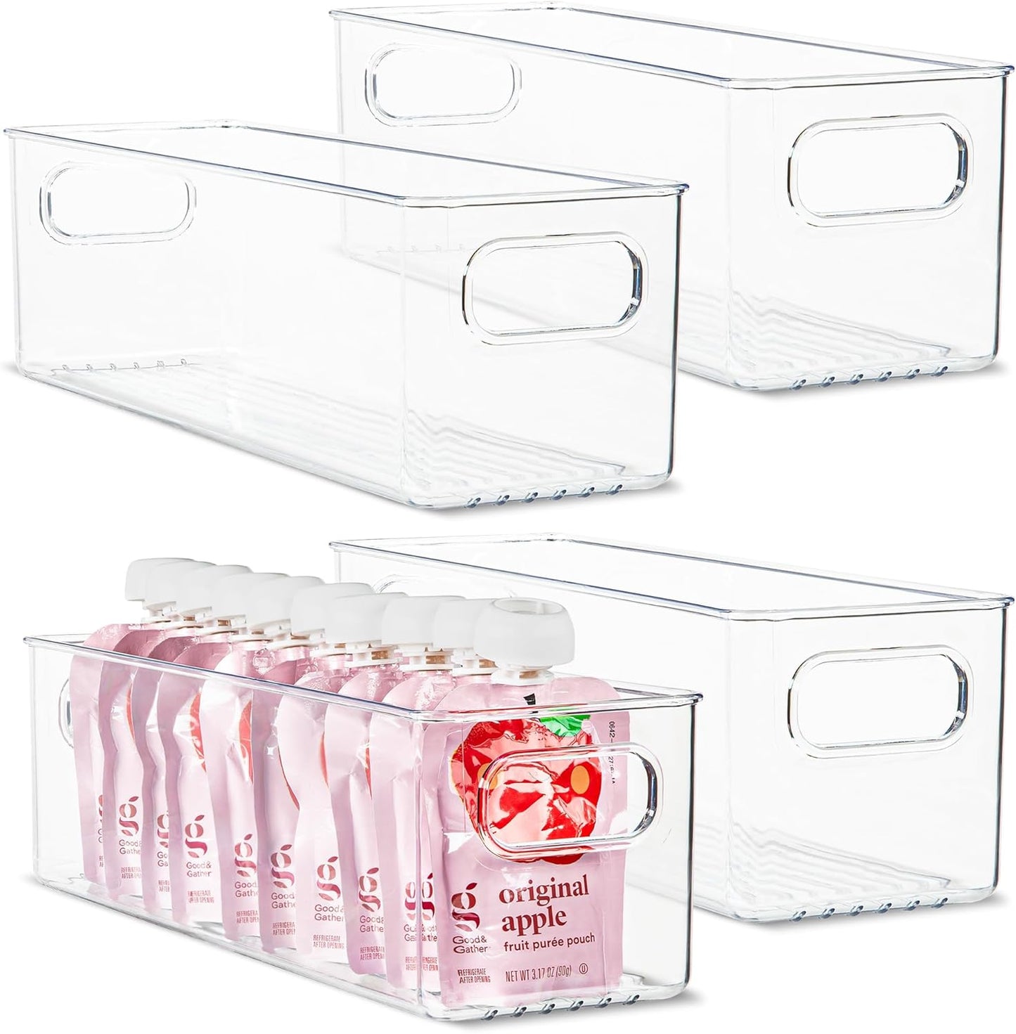 Plastic Food Storage 4 Pack Clear Container Bin with Handles for Organizing Kitchen, Pantry, Refrigerator, Freezer, Pantry, Cabinet, Closet, Bathroom. 14”x4”x4”
