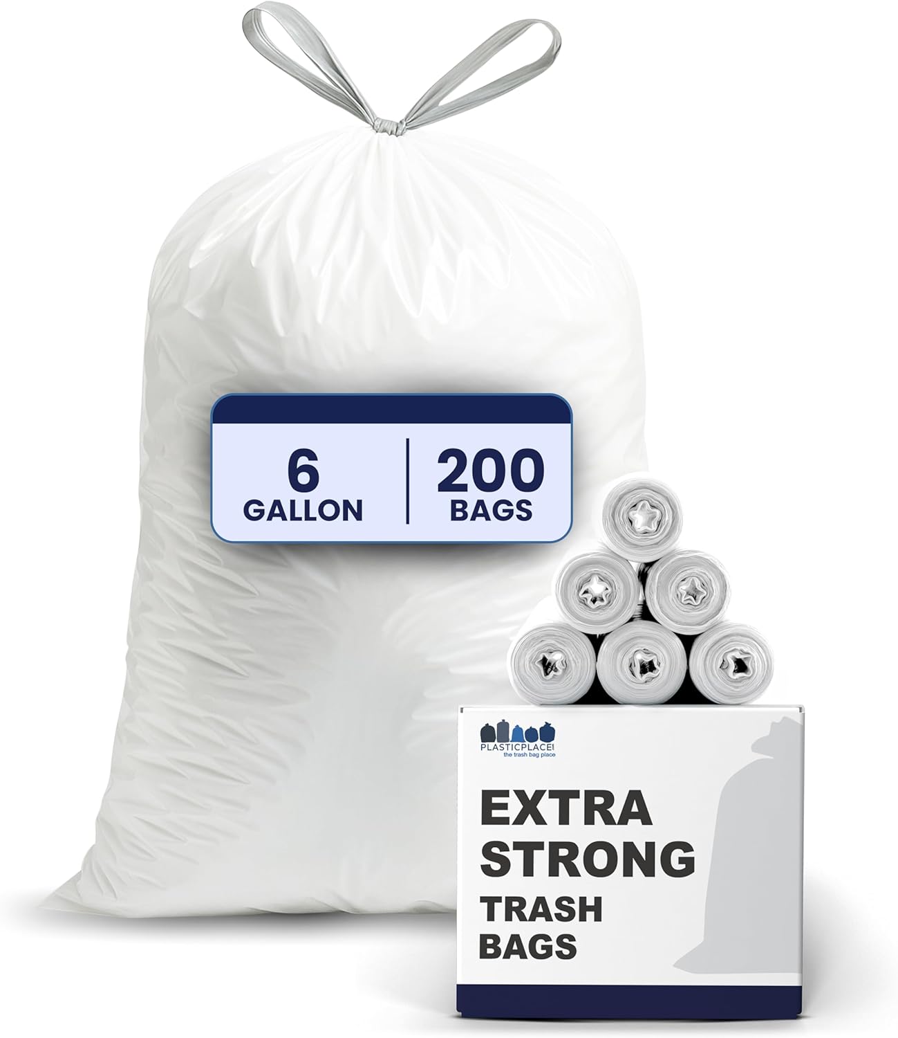 Plasticplace 4 - 6 Gallon White Drawstring Bags, 100% Prime Material, 17x20, 0.7 Mil, 200/Case