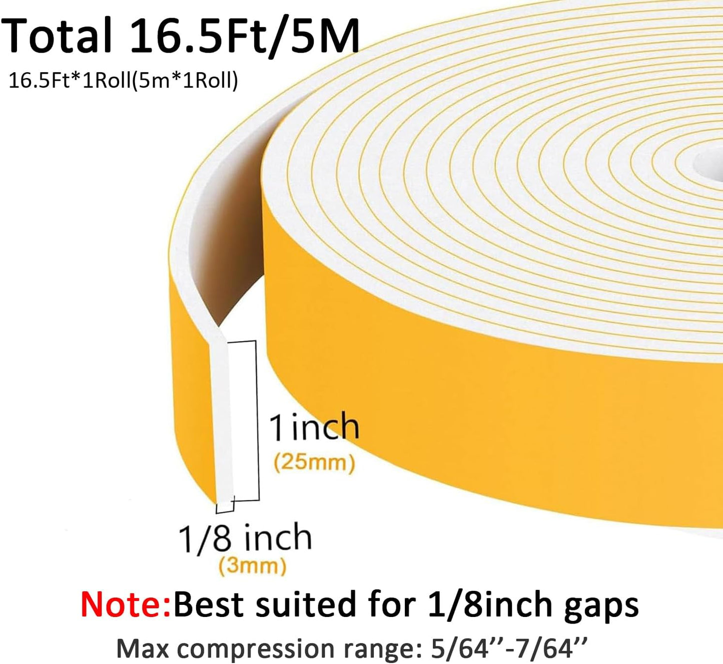 Weather Stripping Strong Adhesive 1 inch x 1/8 inch Weather Stripping Door Seal Closed Cell Foam Insulation Tape for Window and Doors,Total 16.5Feet (16.5Ft x 1 Roll)