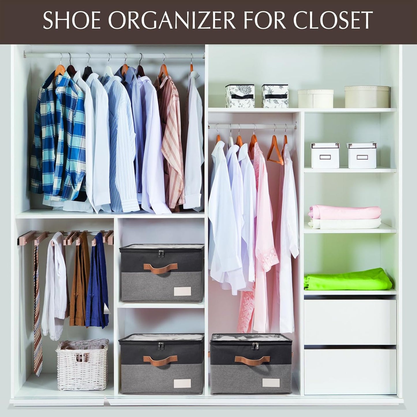 1 Pack Shoe Organizer for Closet, Adjustable Shoe Box Storage Containers, Large Foldable Shoe Bins with Clear Cover, Space Saving Shoes Holder with 4 Handles, Fits 8-16 Pairs, Black