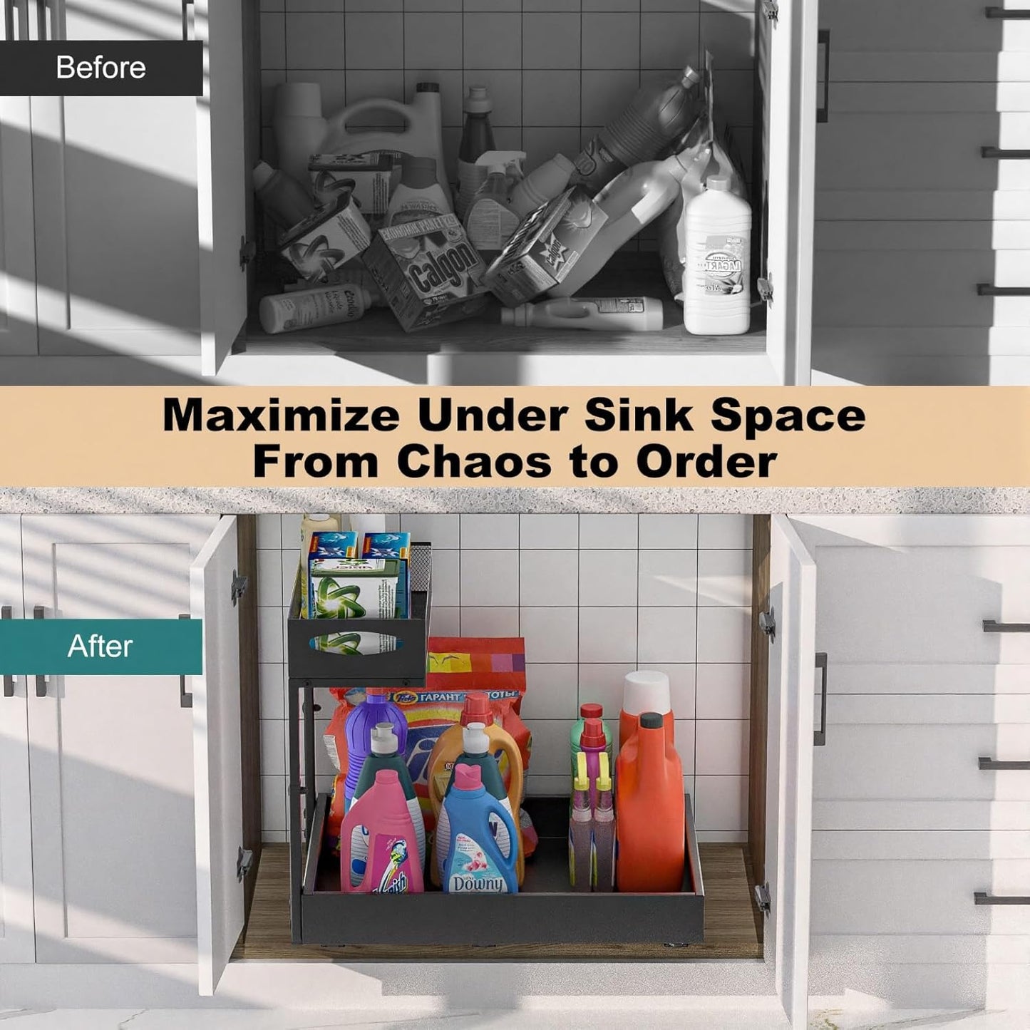 Housolution Under Sink Organizer, 13"-20" Width Expandable, 13"-17" Height Adjustable, 2 Tier Metal Pull Out Under Sink Storage Rack with 3 Sliding Rails for Kitchen Bathroom Cabinet, Single Side