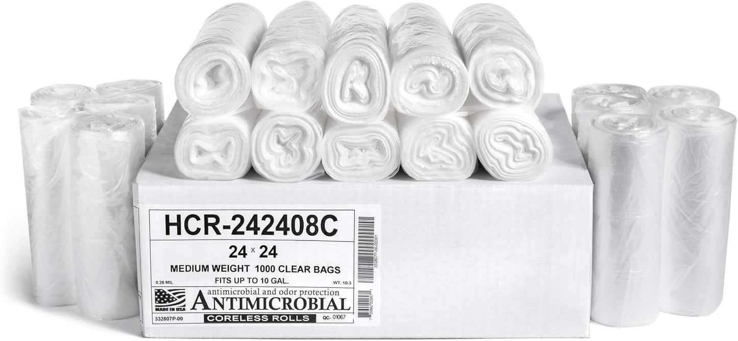 Aluf Plastics High Density Trash Bags, 10 Gallon, 1000 Count, 8 Micron (eq), 24" x 24", Clear, for Bathroom, Office, Industrial, Commercial, Janitorial, Municipal, Recycling