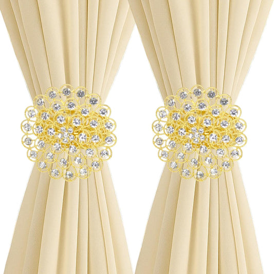 2 Pack Crystal Flower Curtain Tiebacks – Decorative Spring Wire Buckle Clips with Sparkling Rhinestone Flower Design, No Drilling, Easy Fit for Drapes & Sheers