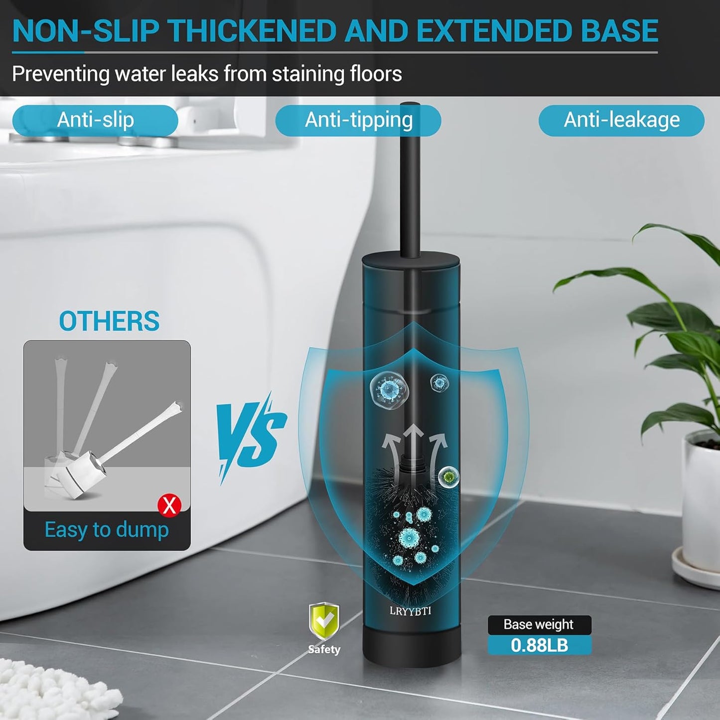 Stainless Steel Toilet Brush with Holder, 2 Black Bristle Heads