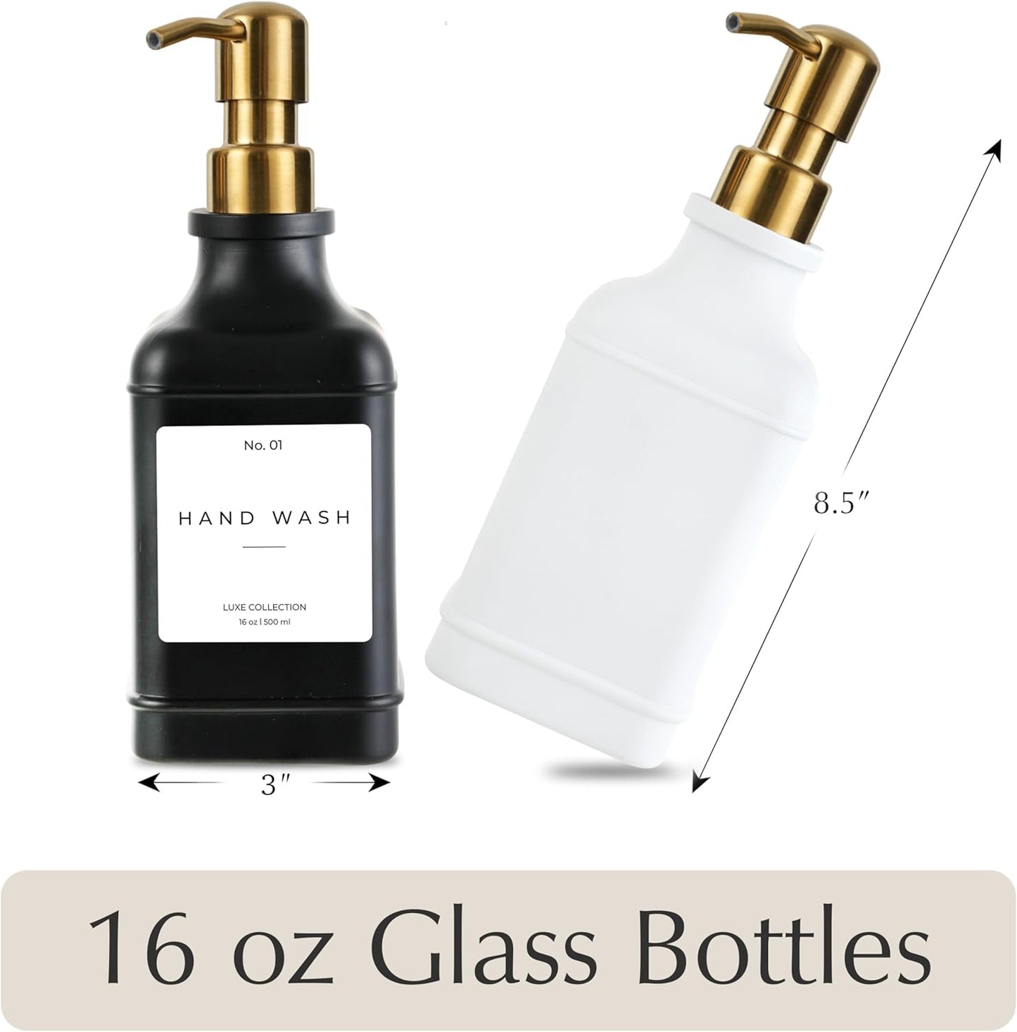 Emerson Essentials Soap Dispenser, Dish Soap Dispenser, Soap Bottle Bathroom Set, Hand Soap Farmhouse Home, Kitchen Soap Dispenser Set - Glass Soap Dispenser with Pump and Labels, 16 Oz, 2 Pack