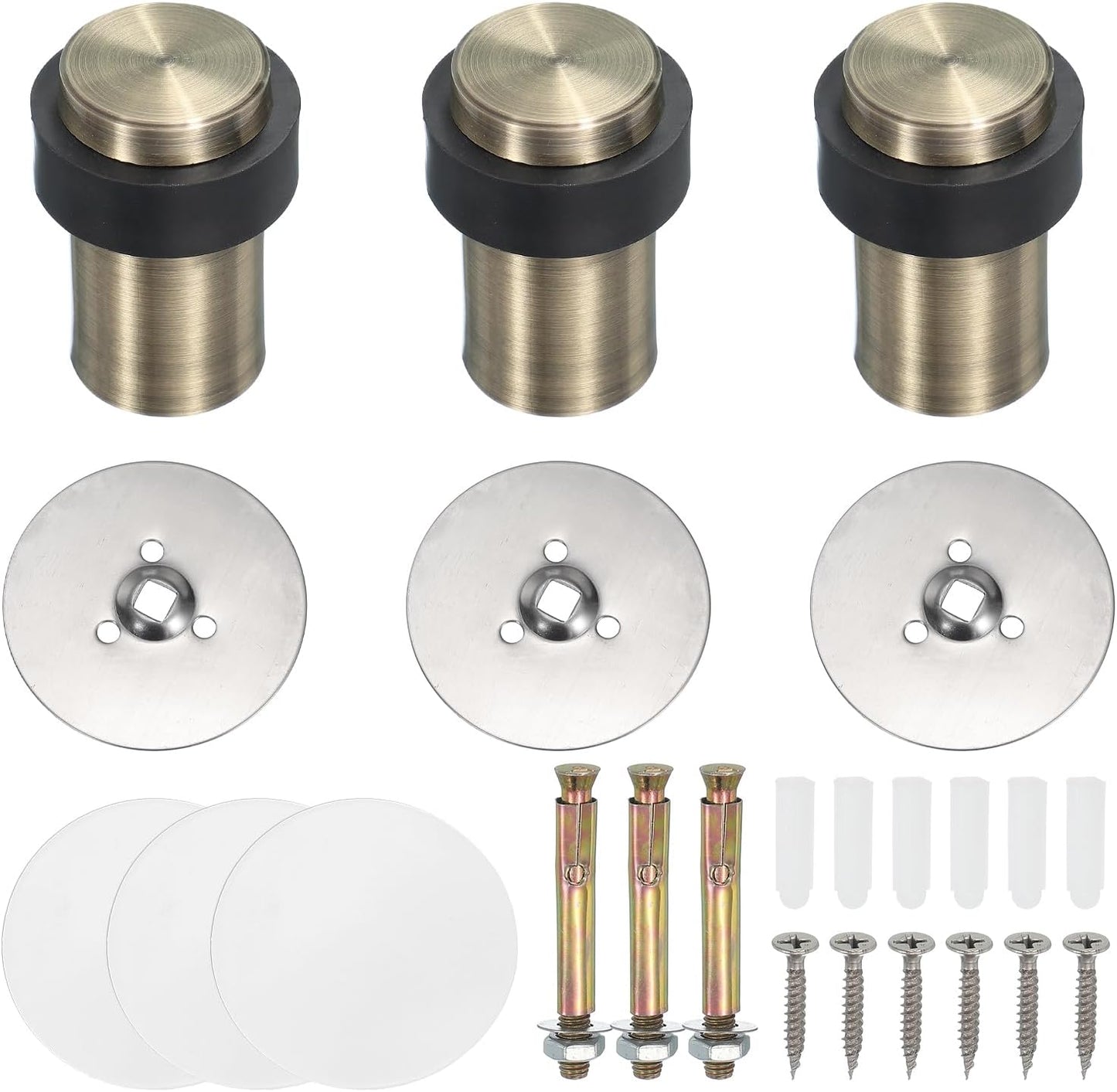 PATIKIL 3Set Round Door Stoppers, 60mm Stainless Steel Door Stop Doorstop Wedge Metal Cylinder Self Adhesive with Screw for Bottom of Door Floor Inside, Bronze