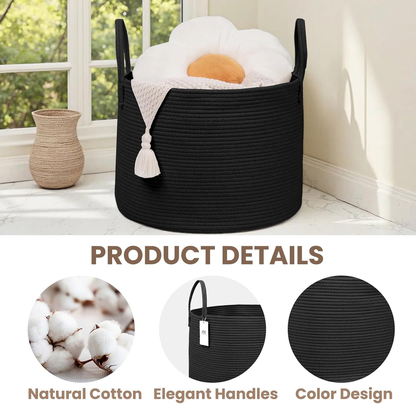 Woven Blanket Basket,65L Large Rope Storage Bin with Handles, Organizer for Blankets Toys Book and Clothes, Laundry Basket for Living Room Bedroom Nursery,Black