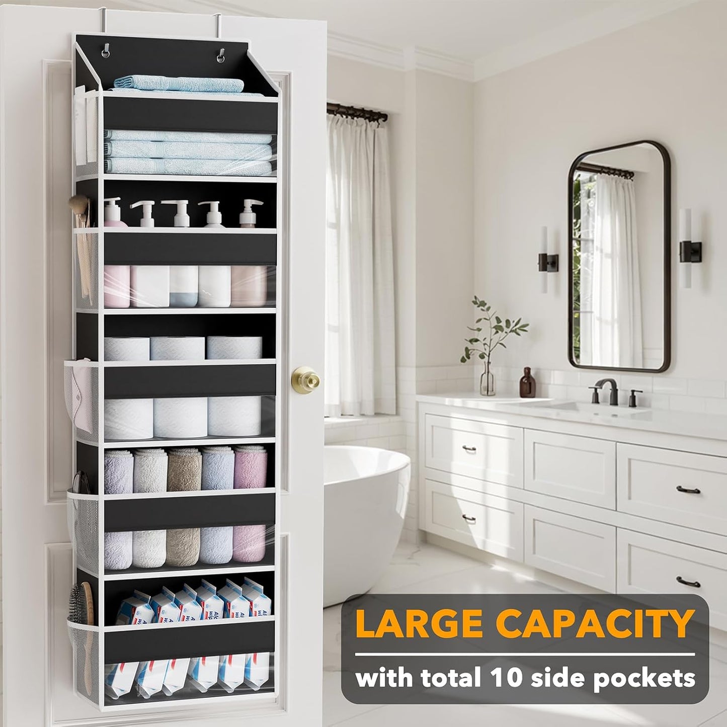 SpaceAid 1 Pack Over The Door Organizer with 5 Large Pockets and 10 Mesh Side Pockets, 5 Layers Door Organizer Hanging with Clear Window for Bedroom, Bathroom, Pantry and Nursery, Black