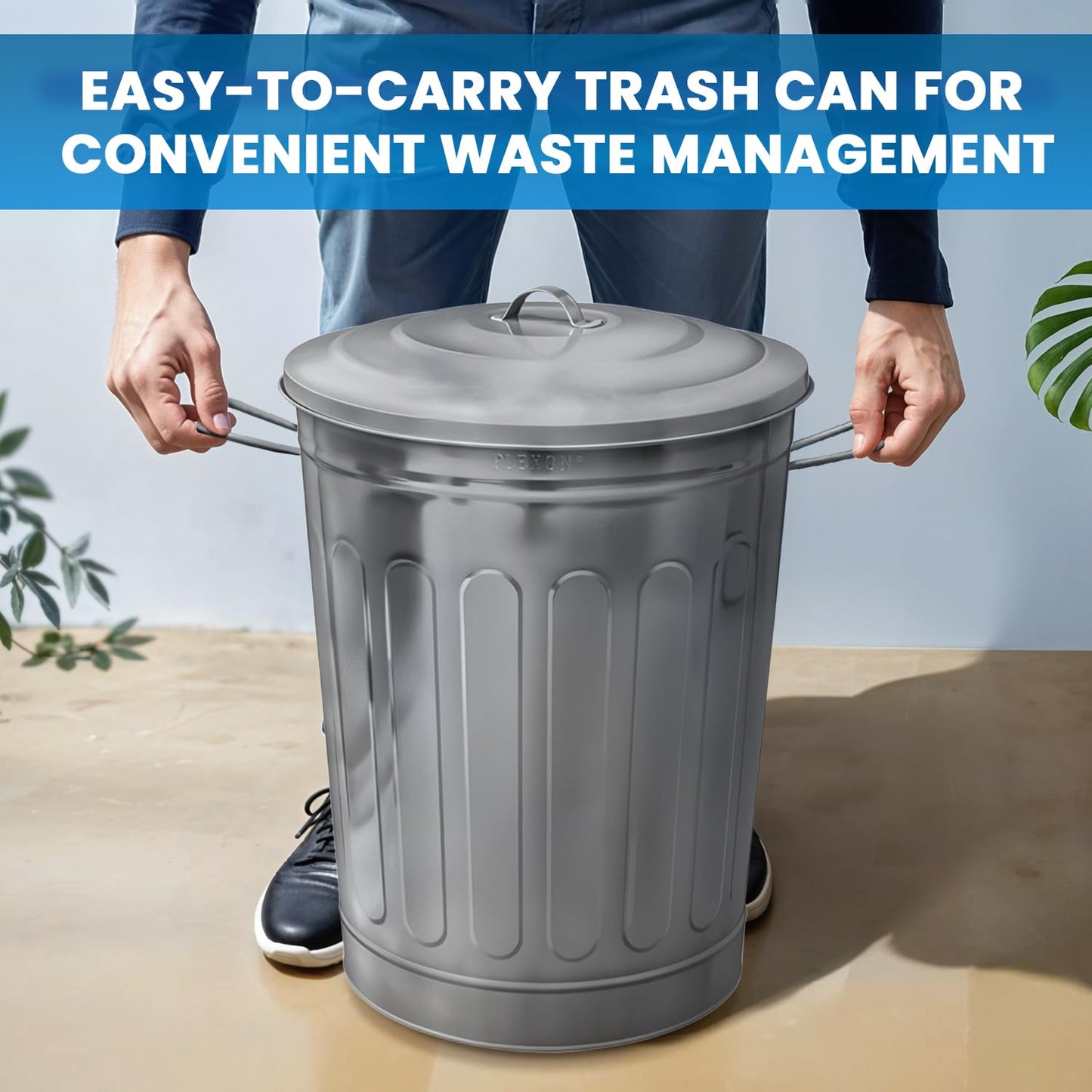 Plexon 2 Pack 13-Gallon Galvanized Steel Round Trash Can with Lid, Indoor and Outdoor Use, Durable Construction, Classic Design, Stylish