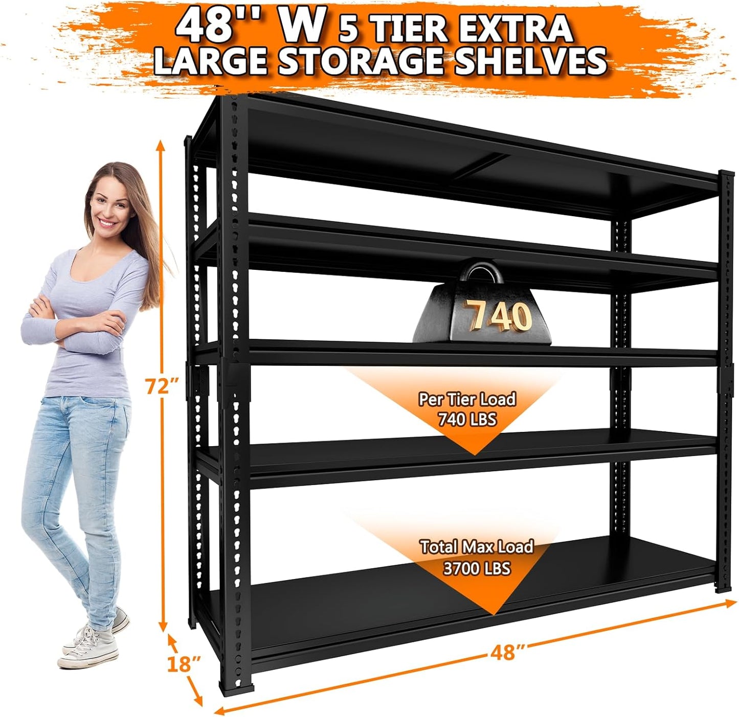 Storage Shelves Heavy Duty 3 PCS, 48"L x 18"W x 72"H Garage Storage Shelves Unit Loads 3700LBS, 5-tier Adjustable Metal Industrial Utility Shelf Rack for Kitchen, Laundry Room, Warehouse, Basement