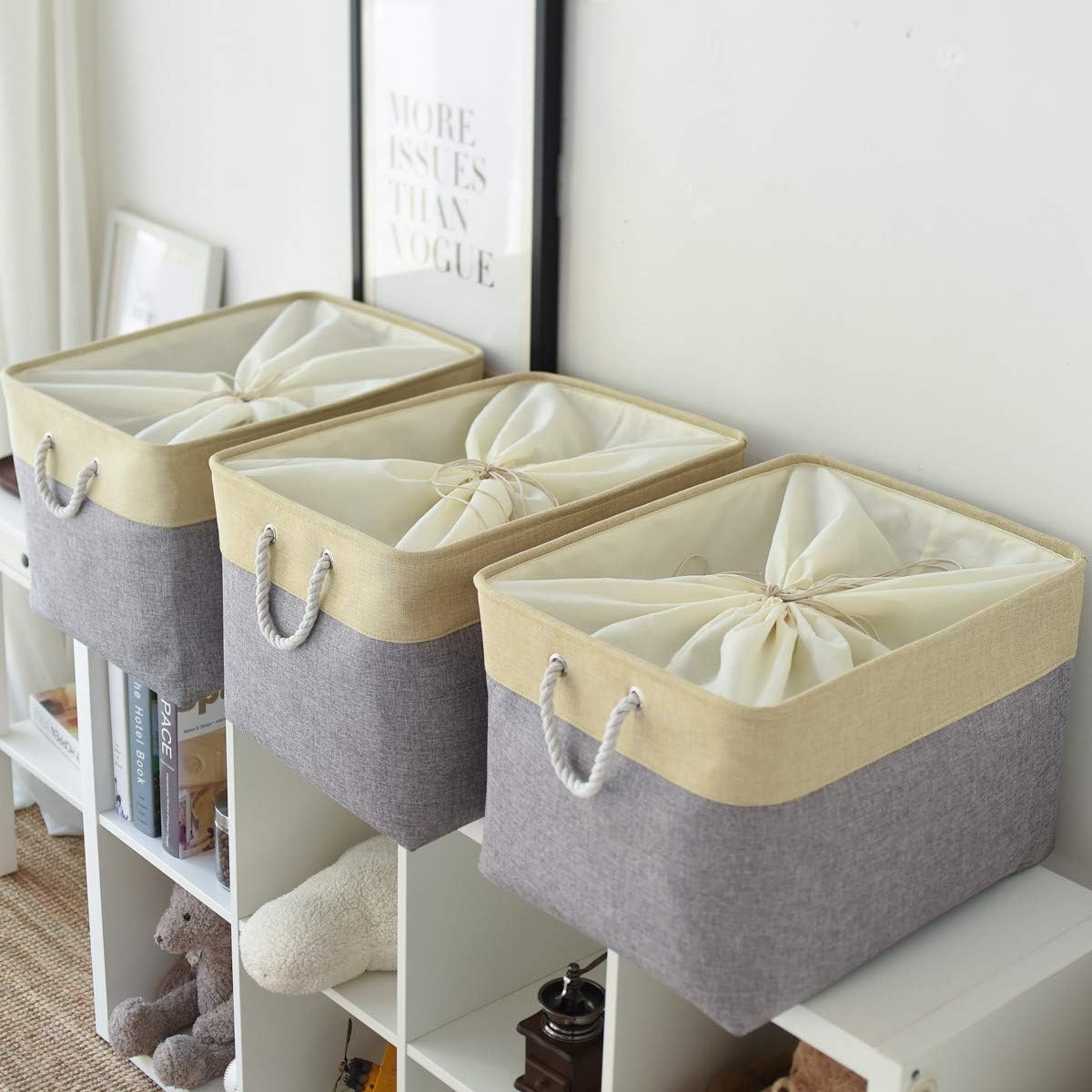 TheWarmHome Storage Bins Baskets for Organizing - Extra Jumbo 3 Pack 20.5Lx15.7Wx13.8H Sturdy Fabric Storage Basket for Shelves, Decorative Foldable Closet Nursery Toy (Gold&Grey)