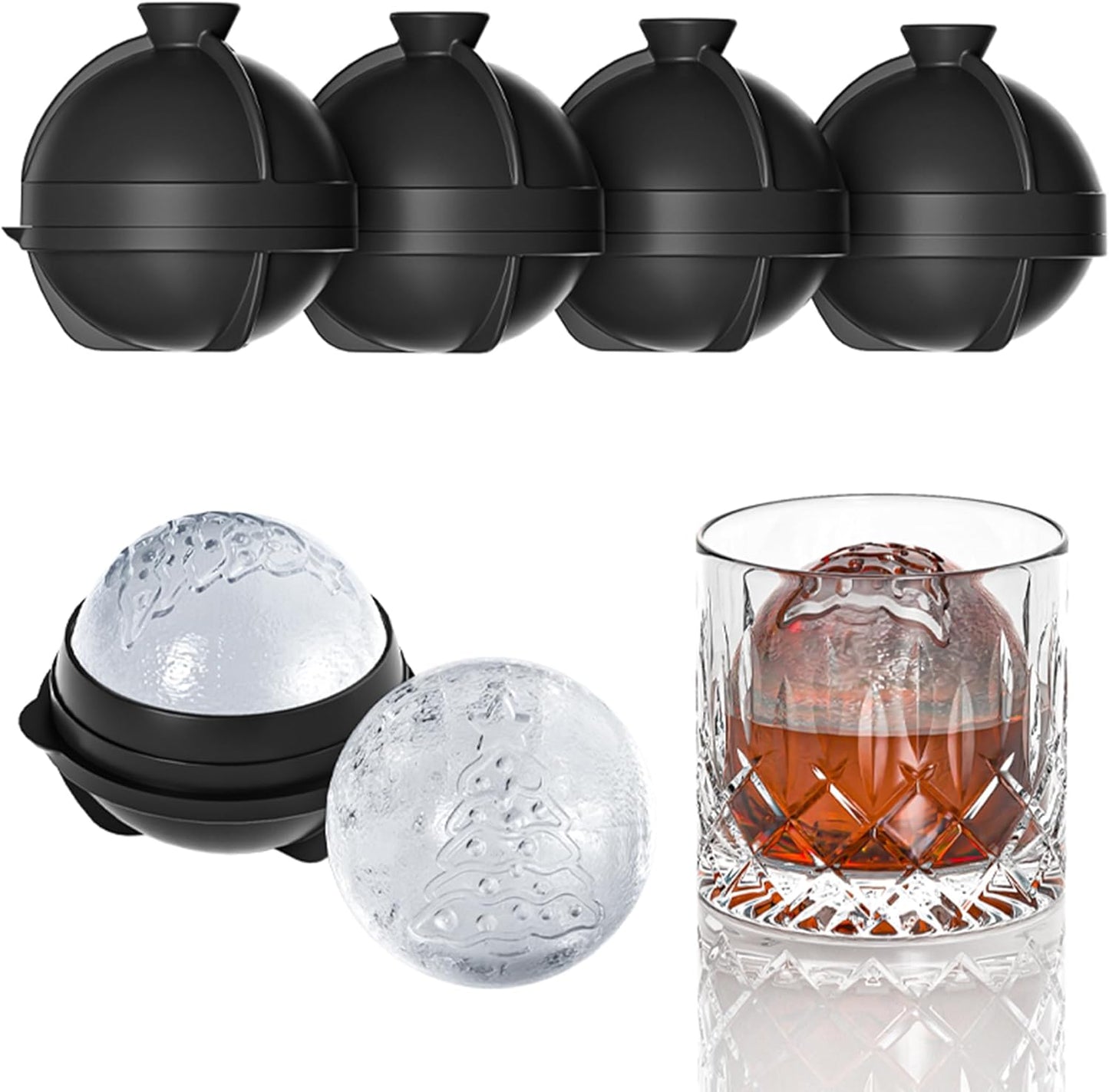 Novelty Christmas Snowflake Tree Ball Ice Maker Mold Set of 4, Funny Christmas Snowflake Tree Gifts for Women, 2.36" Large Sphere Round Ice Cube Molds for Whiskey, Bourbon, Cocktails