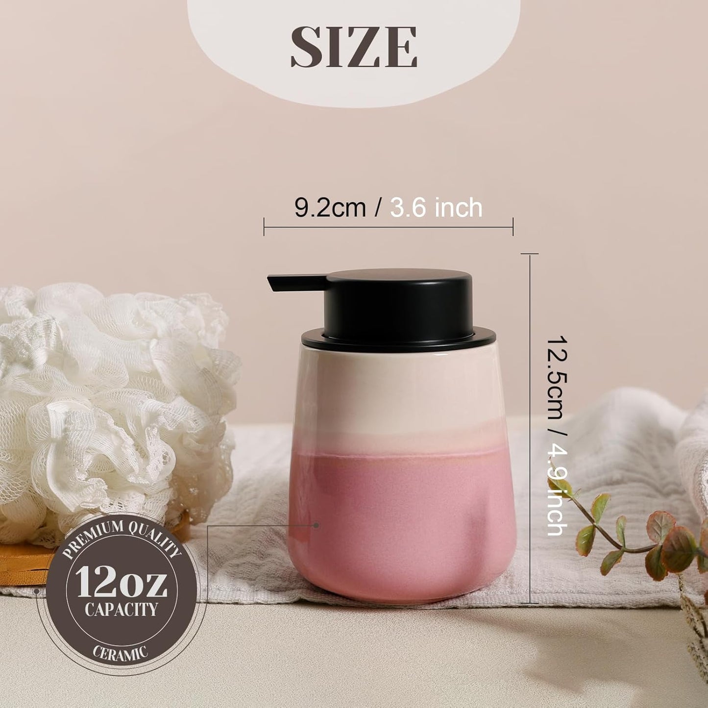 INGOFIN Ceramic Hand Soap Dispenser - 12 oz Liquid Lotion Dispenser Bathroom, Refillable Modern Dish Soap Dispenser with Pump for Kitchen, Beige and Pink