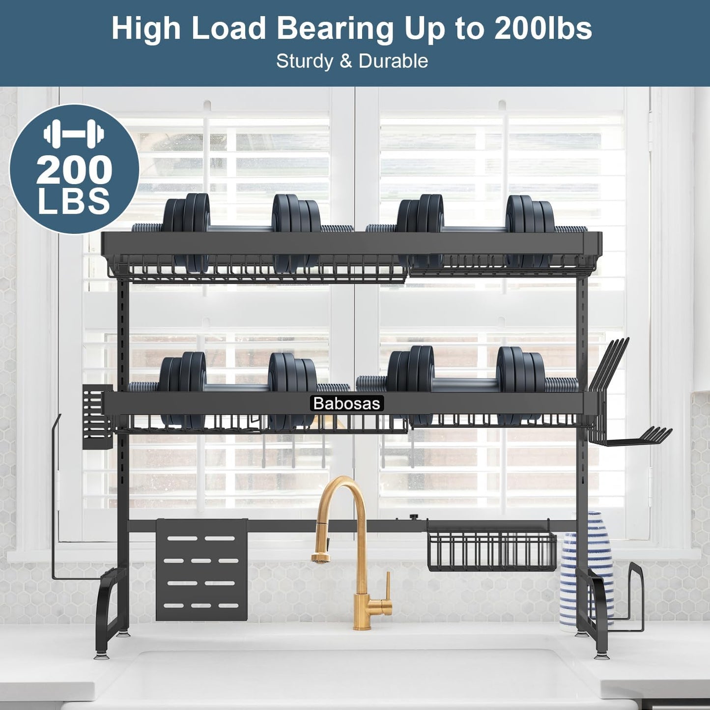 Over The Sink Dish Drying Rack,3 Tier Adjustable Length (25.5'' to 37.4'') Full Stainless Steel Large Storage Kitchen Dish Rack,For Kitchen Counter,Expandable Multifunctional Organizers,Black