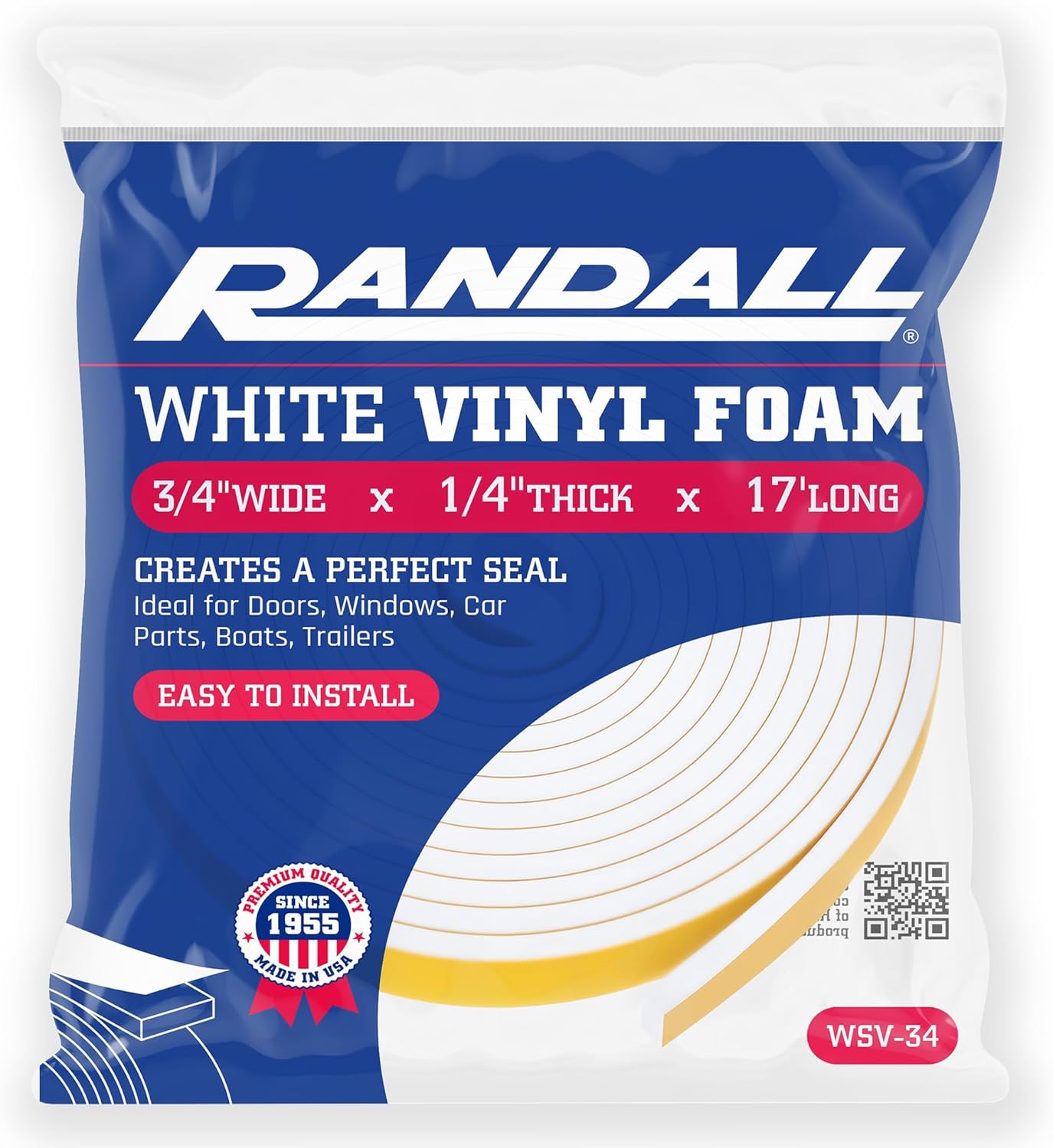 Weather Stripping Foam Tape, 17 Ft Door Seal Strip, EVA Material, High Density 1/4" Thick, No Residue Adhesive, Weatherproof Door Seal Strip for Sliding Door, Windows, White (1/2" Wide)