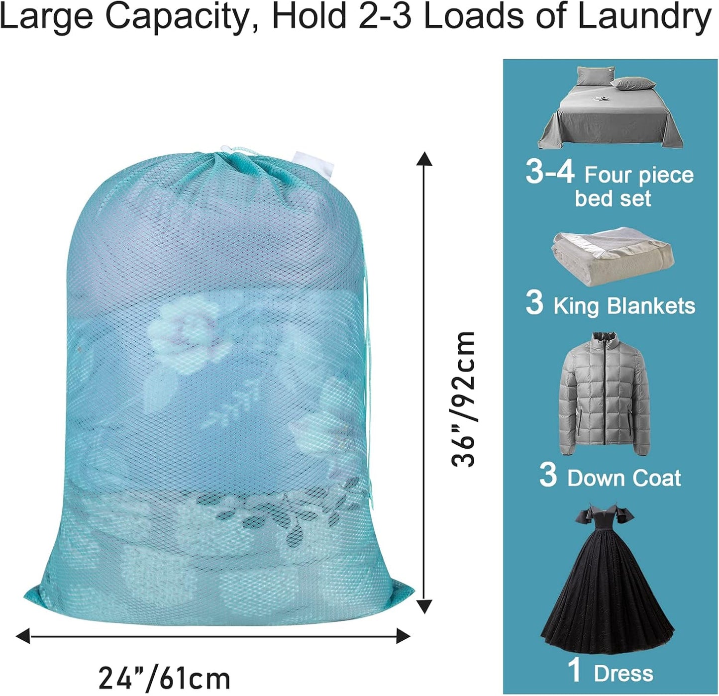 Polecasa Heavy Duty Diamond Large Mesh Laundry Bag with ID Tag and Locking Drawstring Closure - 24 x 36 inches - Laundry Hamper Liner, Washable Laundry Bags for Travel, Sports, Dorms (Aqua)