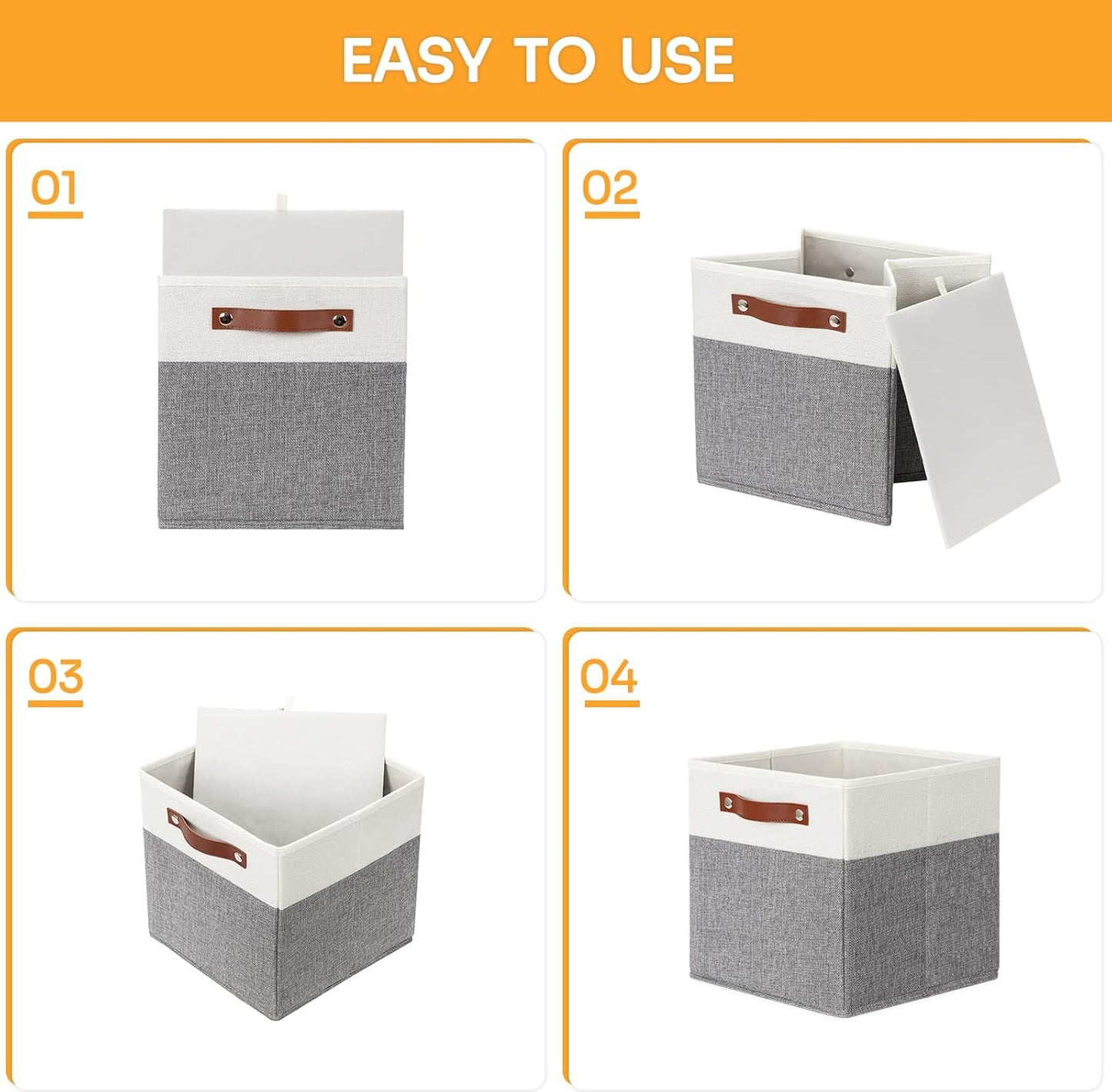 DULLEMELO 11x11 Storage Cubes, Collapsible Sturdy Cube Storage Bins With Handles for Organizing,Fabric Storage Cubes Baskets for Shelves Nursery Closet Home Organization and Storage (White&Grey)