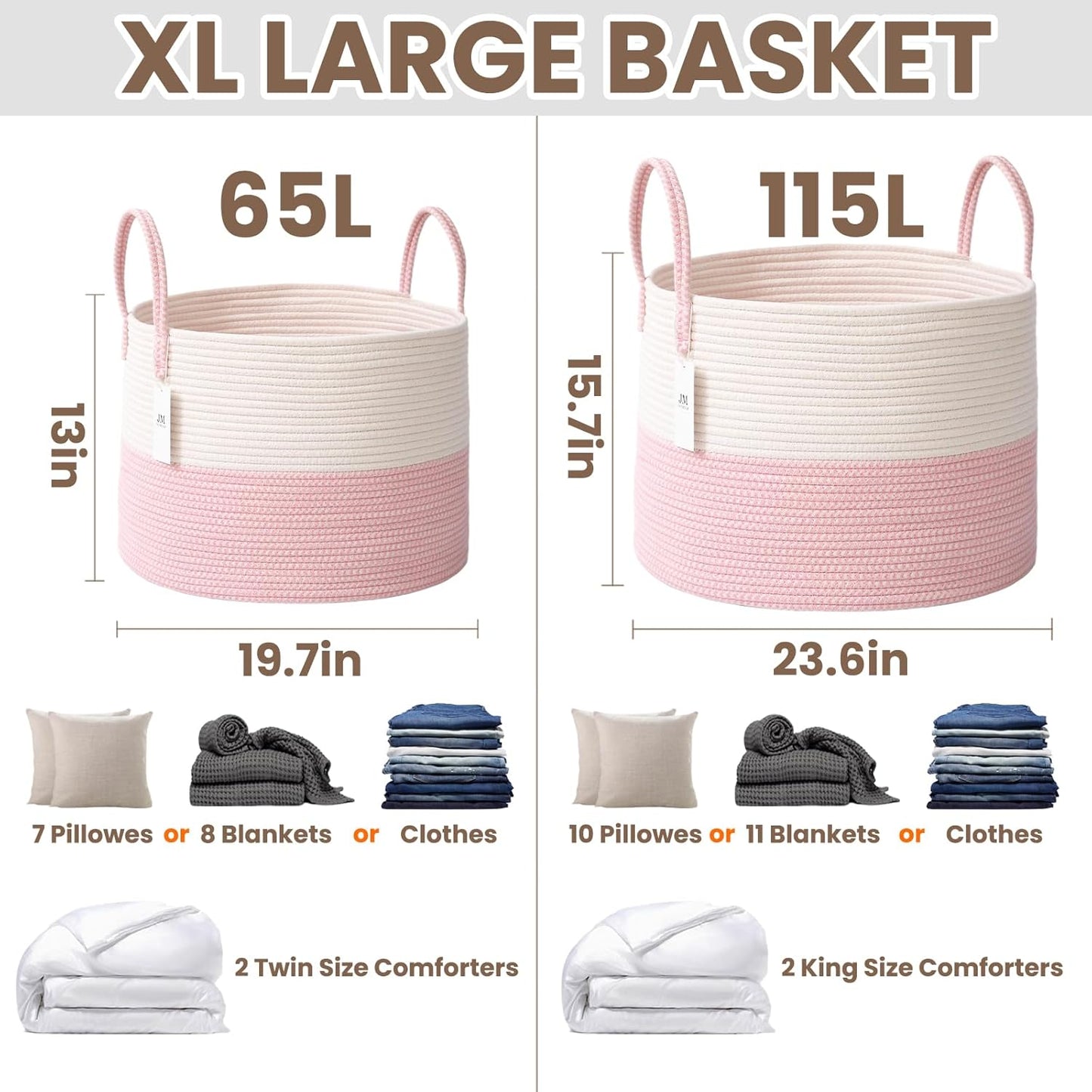 Woven Blanket Basket,115L Large Rope Storage Bin with Handles, Organizer for Blankets Toys Book and Clothes, Laundry Basket for Living Room Bedroom Nursery,White&Pink