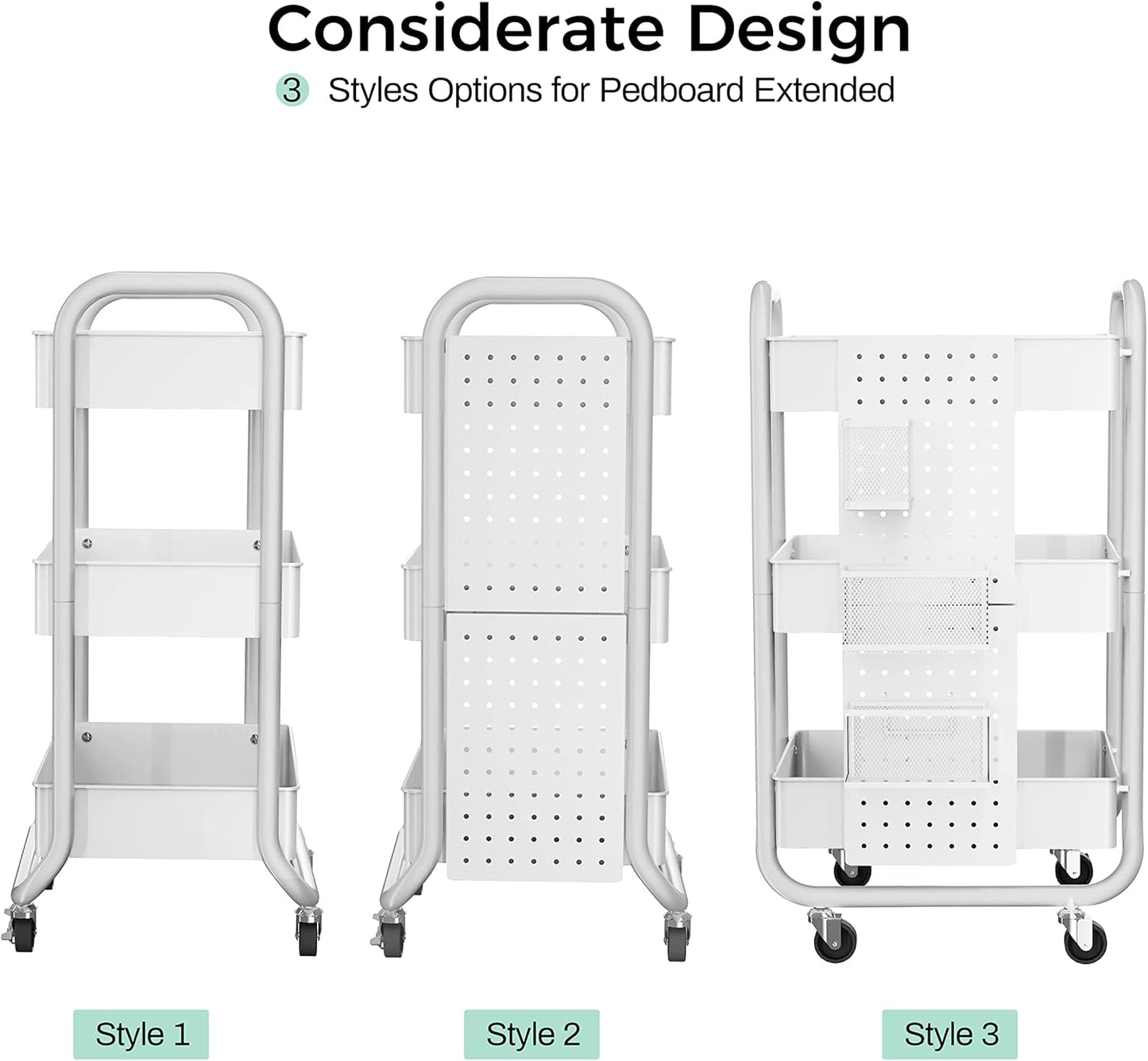 DESIGNA 3-Tier Rolling Cart, Utility Cart with Handle, Extra 3 Storage Accessories, Removable Pegboard, Easy Assembly Craft Carts for Kitchen, Bathroom, Office, Metal, White