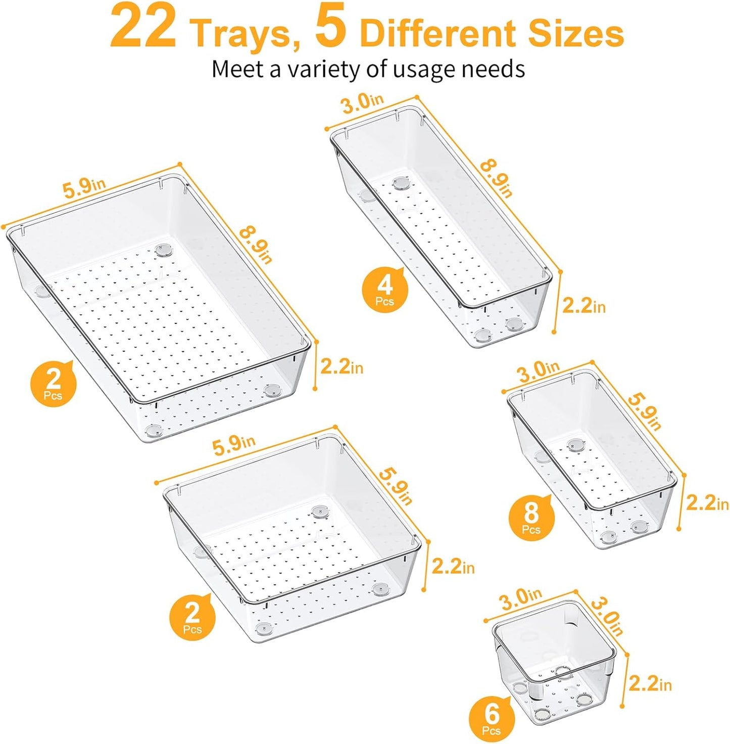 SMARTAKE 22-Piece Drawer Organizer with Non-Slip Silicone Pads, 5-Size Clear Desk Drawer Organizer Trays Storage Tray for Makeup, Jewelries, Utensils in Bedroom Dresser, Office and Kitchen, Clear