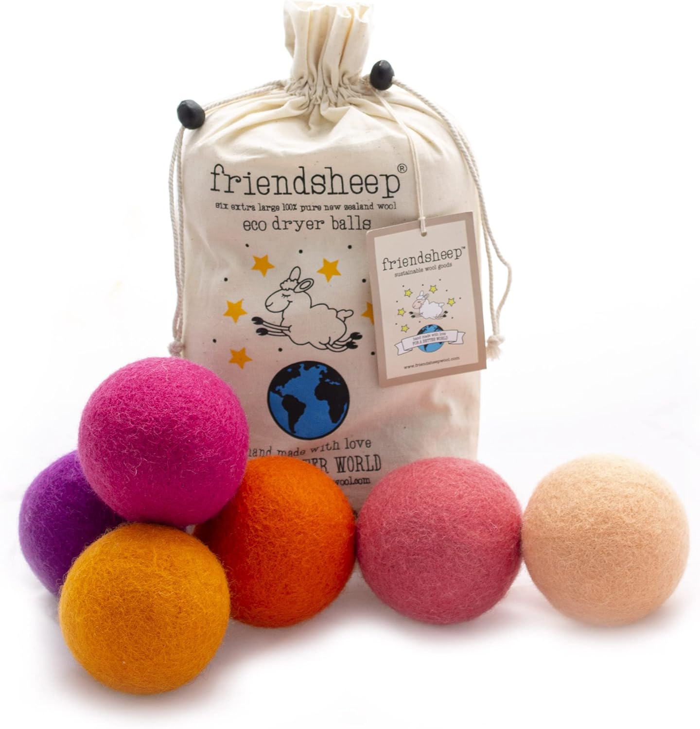 Friendsheep Wool Dryer Balls 6 Pack XL Organic Premium Reusable Cruelty Free Handmade Fair Trade No Lint Fabric Softener Color - Tropical Sunset