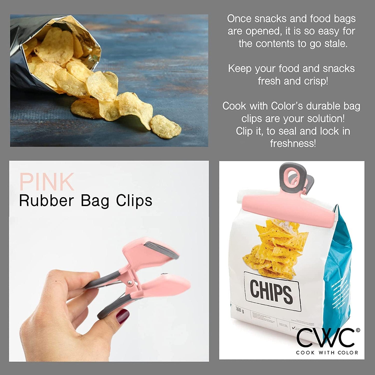 COOK WITH COLOR Bag Clips, Heavy Duty Chip Clip and Refrigerator Magnet Clips for Food Storage with Air Tight Seal Grip for Snack Bags and Food Bags (Pink, Pack of 8)