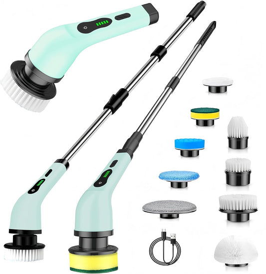 Cordless Electric Spin Scrubber, Hands-Free Shower Cleaning Tool with 9 Attachments & Extension Handle, IPX7 Waterproof for Tub, Tile Grout, Bathroom, Car, Floor - No More Back Pain (Green)