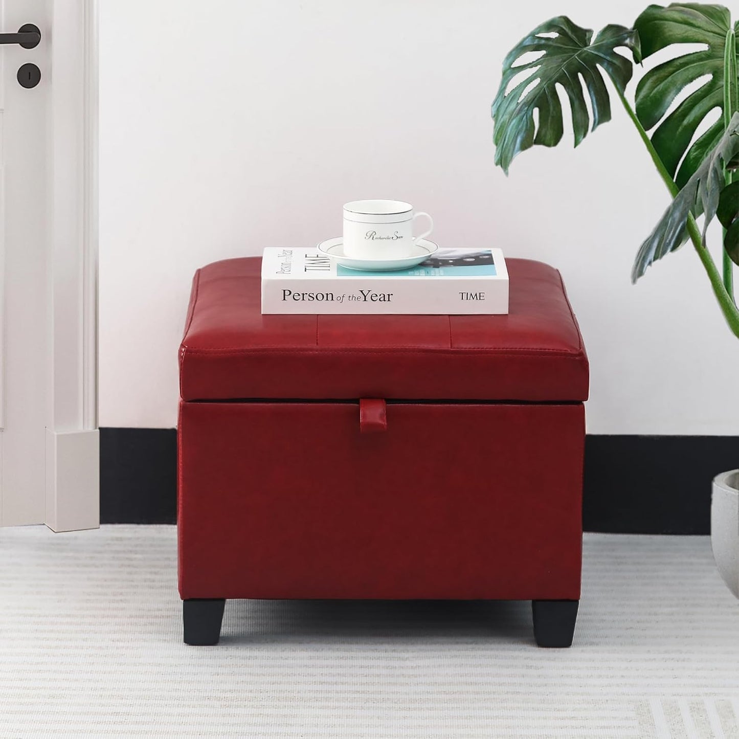Adeco Faux Leather Storage Ottoman with Hinged Lid, 14 Inch High Red Square Cube Foot Stool with Storage, Upholstered Vanity Stool with Solid Wood Legs for Living Room, Bedroom, Dorm