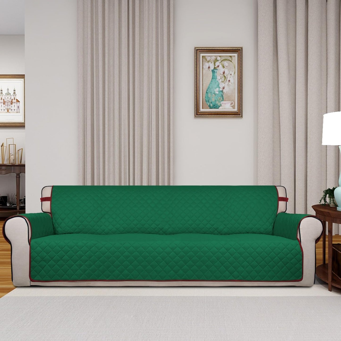 PureFit Reversible Quilted Sofa Cover, Water Resistant Slipcover Furniture Protector, Washable Couch Cover with Non Slip and Elastic Straps for Kids, Dogs, Pets (XX Large, Green/Red)