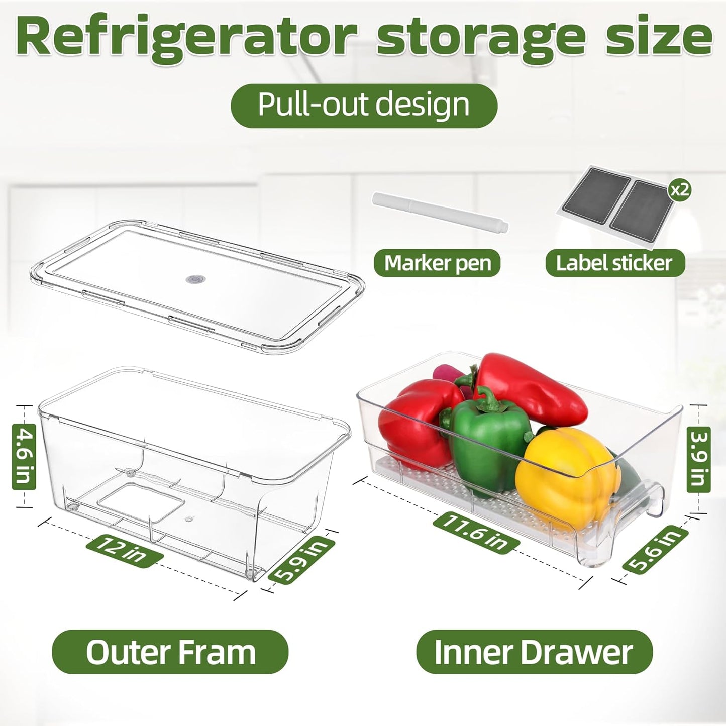 4 Pack Fridge Organizer Drawers, Stackable Pantry Organizers and Storage, Clear Pull-Out Refrigerator Organizer for Fruit, Vegetable Storage and Keep Fresh