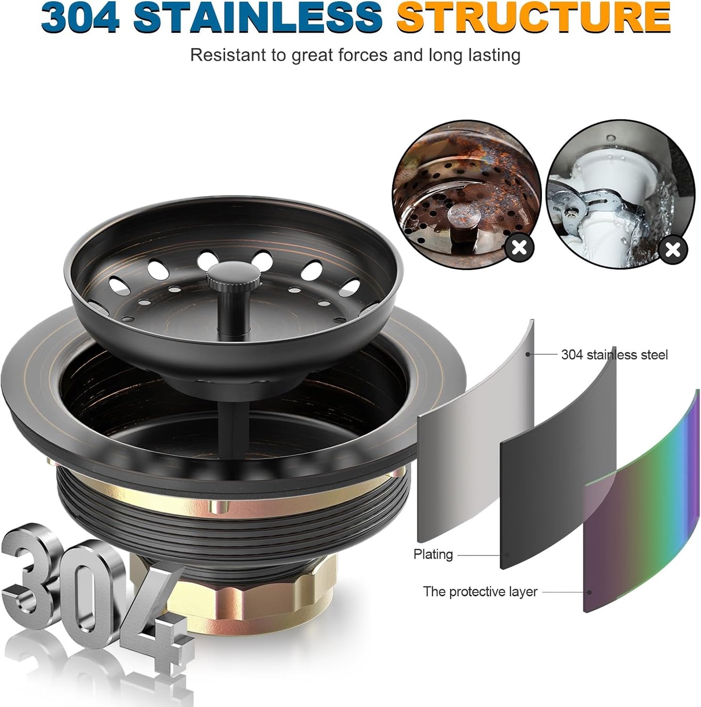 BOTEMY Stainless Steel Bronze Sink Drain Strainer Kit 3-1/4 inch Kitchen Drain Assembly with Metal Center Knob Basket Stopper Replacement for Standard Kitchen Sinks, Oil Rubbed Bronze