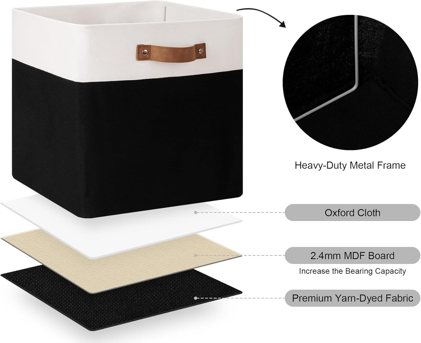 StorageWorks 13x13 Inches Storage Cube, Fabric Storage Bins with PU Handles, Collapsible Organizer Baskets for Closet, Black and White, 4-Pack