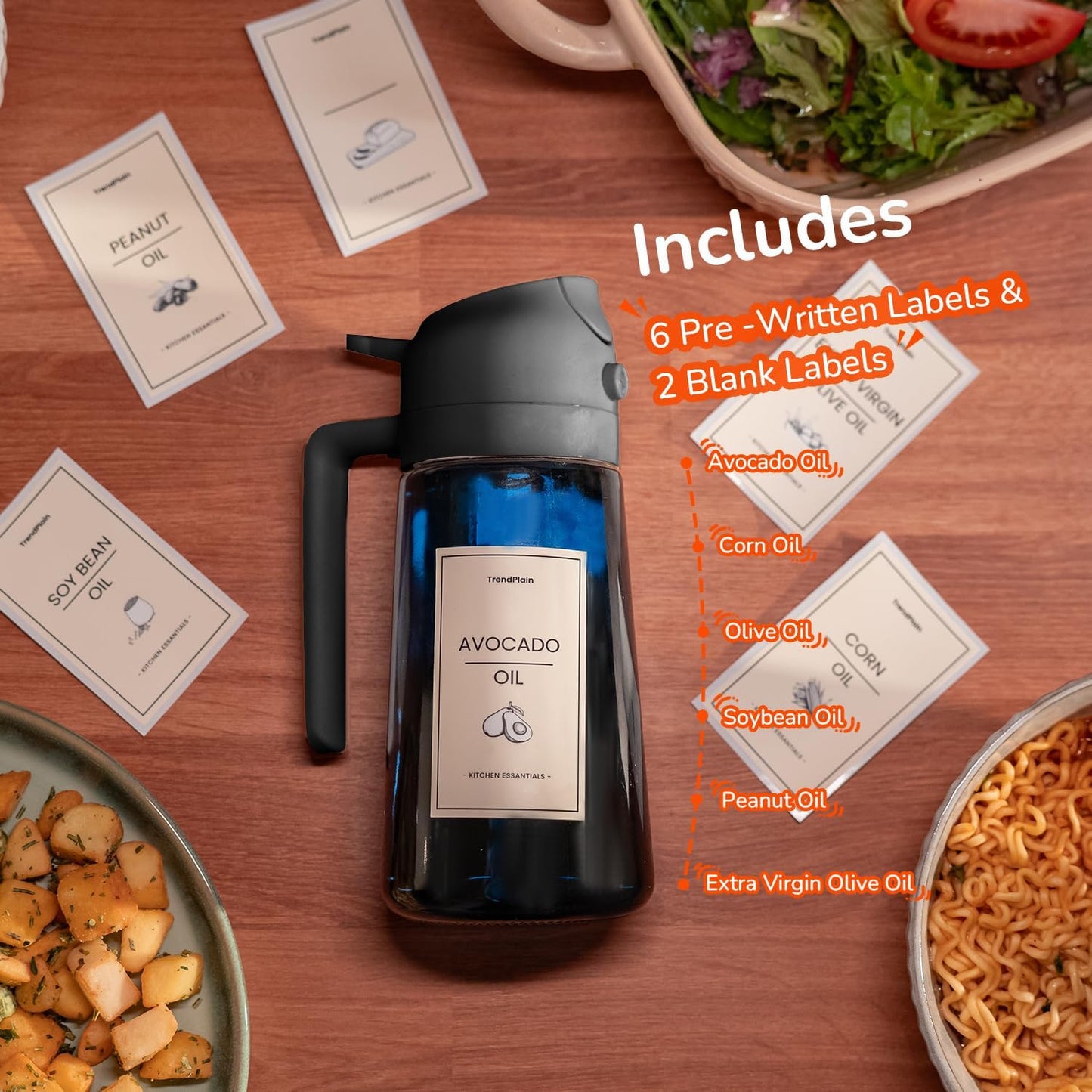 TrendPlain 16oz/470ml Blue Glass Olive Oil Sprayer for Cooking - 2 in 1 Olive Oil Dispenser for Kitchen Gadgets, Air Fryer, Salad, and BBQ - 2 Black