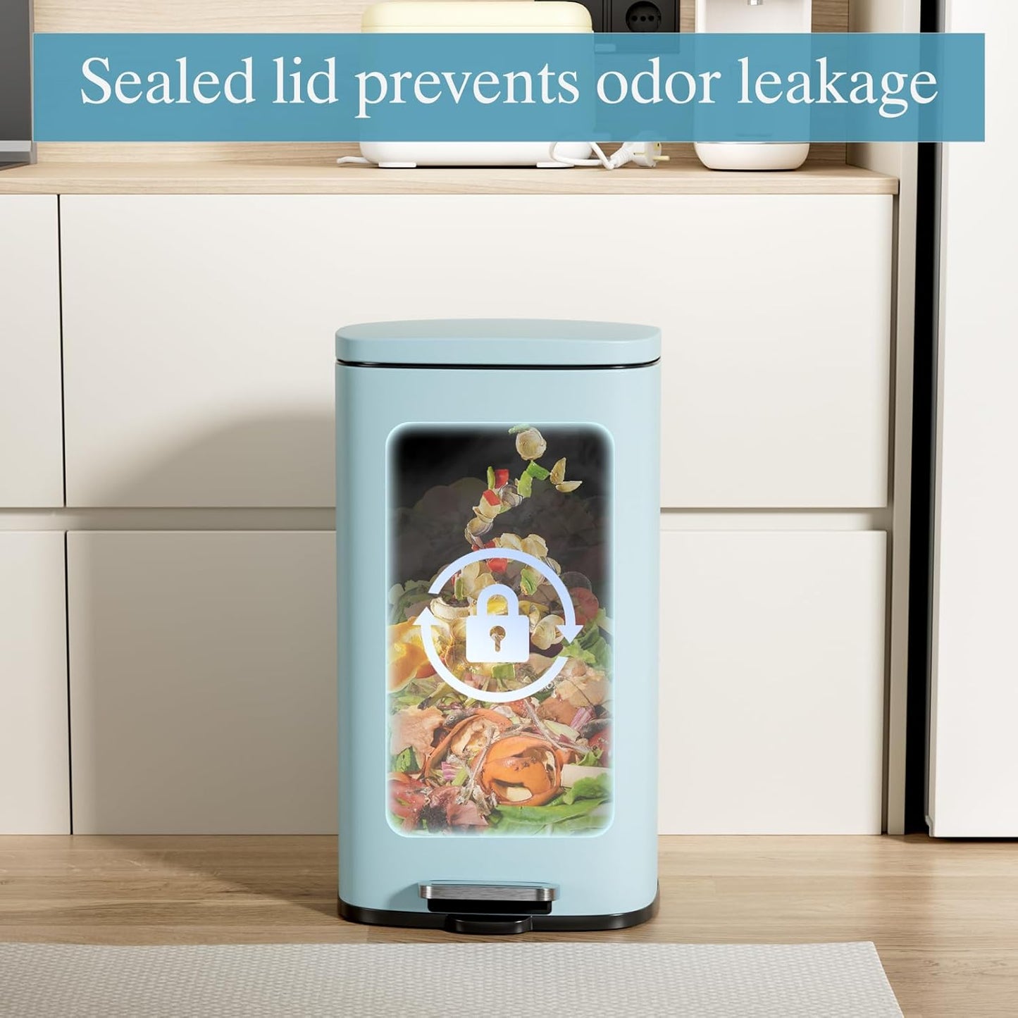 AthLike Trash Can, Stainless Steel Kitchen Garbage Can, Step Waste Bin with Hinged Lid and Removable Inner Bucket, Soft-Close, Dustbin for Bathroom Bedroom Living Room Home (Tide Pool Blue, 8 Gal)