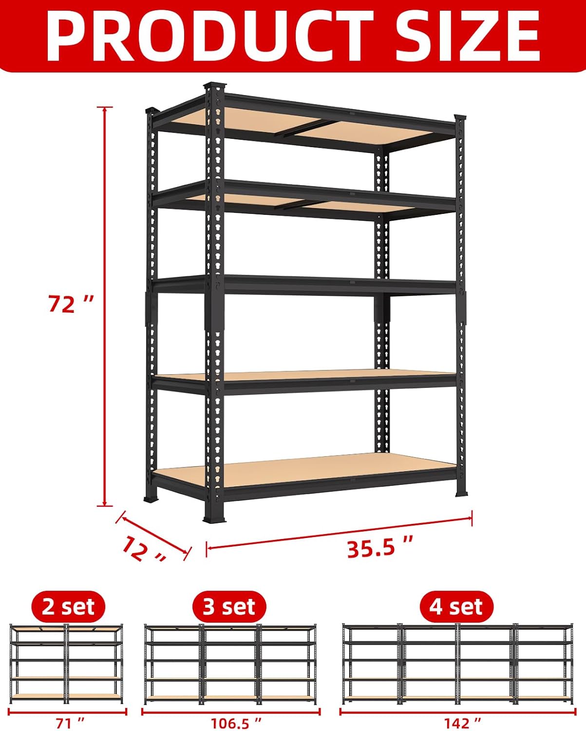 PrimeZone 35.5" x 12" x 72" Heavy Duty Storage Shelves - 5 Tier Adjustable Garage Storage Shelving, Metal Storage Utility Rack Shelf Unit for Warehouse Pantry Closet Kitchen, Black, 4 Pack