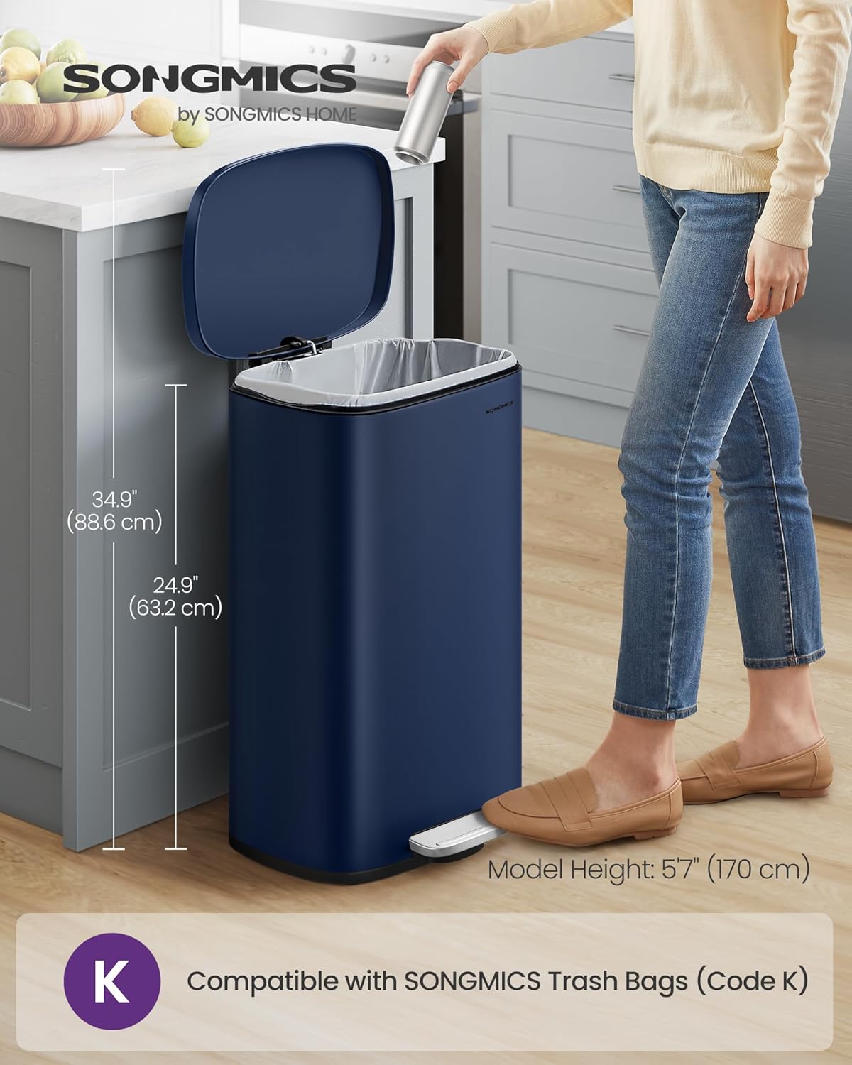 SONGMICS 13 Gallon (50 L) Trash Can, Stainless Steel Kitchen Garbage Can, Recycling or Waste Bin, Soft Close, Step-On Pedal, Removable Inner Bucket, Midnight Blue ULTB050L01