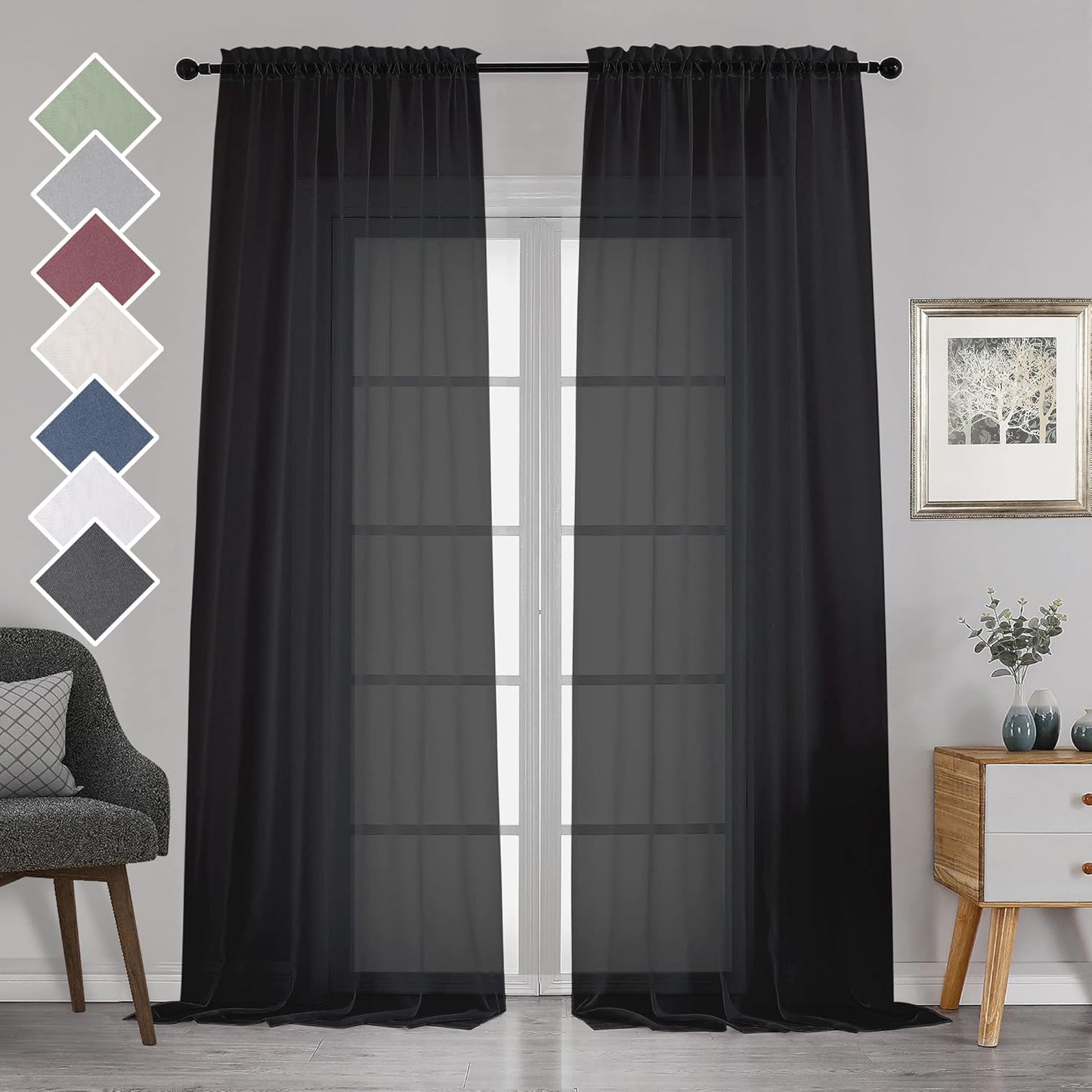 Chyhomenyc 2 Panels Extra Long Sheer Window Curtains 120 Inches Length, Elegant Window Voile Panels/Drapes/Scarf/Treatment/Backdrop for Living Room Wedding Party Home Decor (42W x 120L inches, Black)
