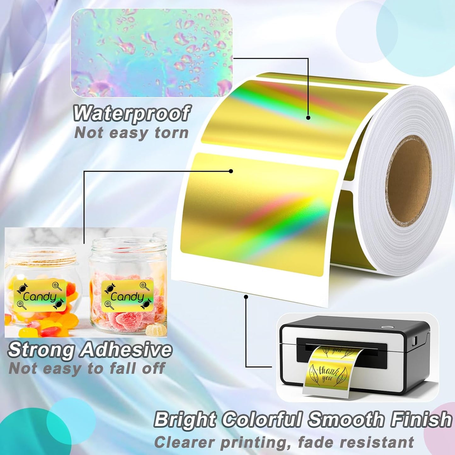 Thermal Sticker Labels 2.25 x 1.25, 500 Gold Holographic Printable Thermal Stickers for Logo Stickers, Name Tag, Thanks You Card, QR, FNSKU, Compatible with Thermal Label Printer