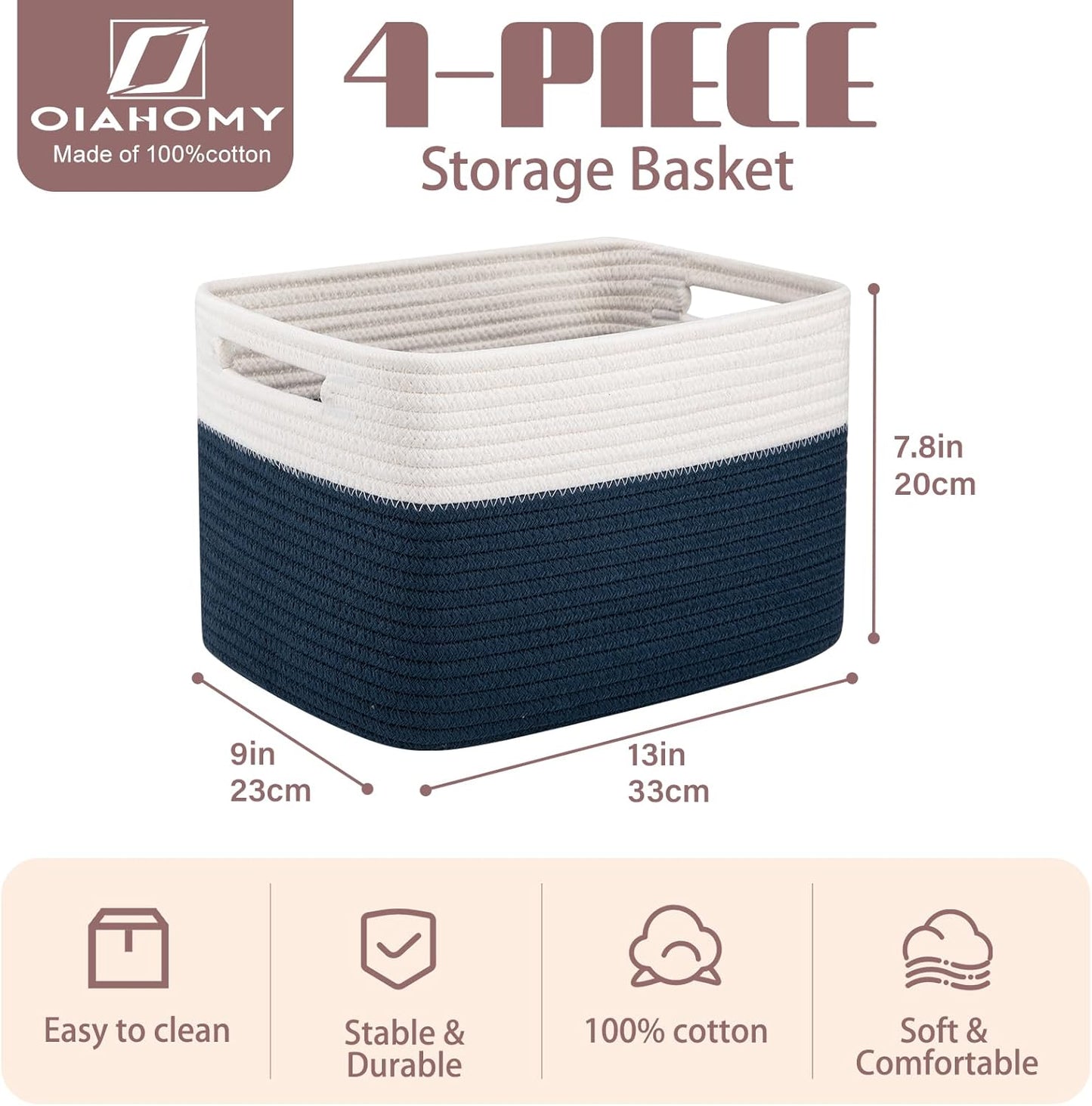 OIAHOMY 4 Pack Storage Baskets for Organizing, Basket for Shelves with Handle, Woven Baskets for Storage Toys, Towels, Books, Cotton Rope Basket 13" L x 9 " W x 7.8 " H, Blue & White